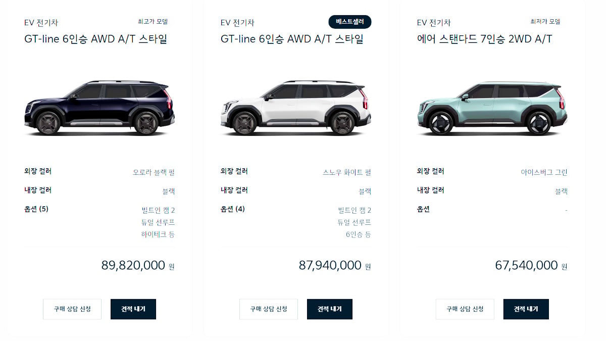 각기 다른 옵션의 기아 EV9