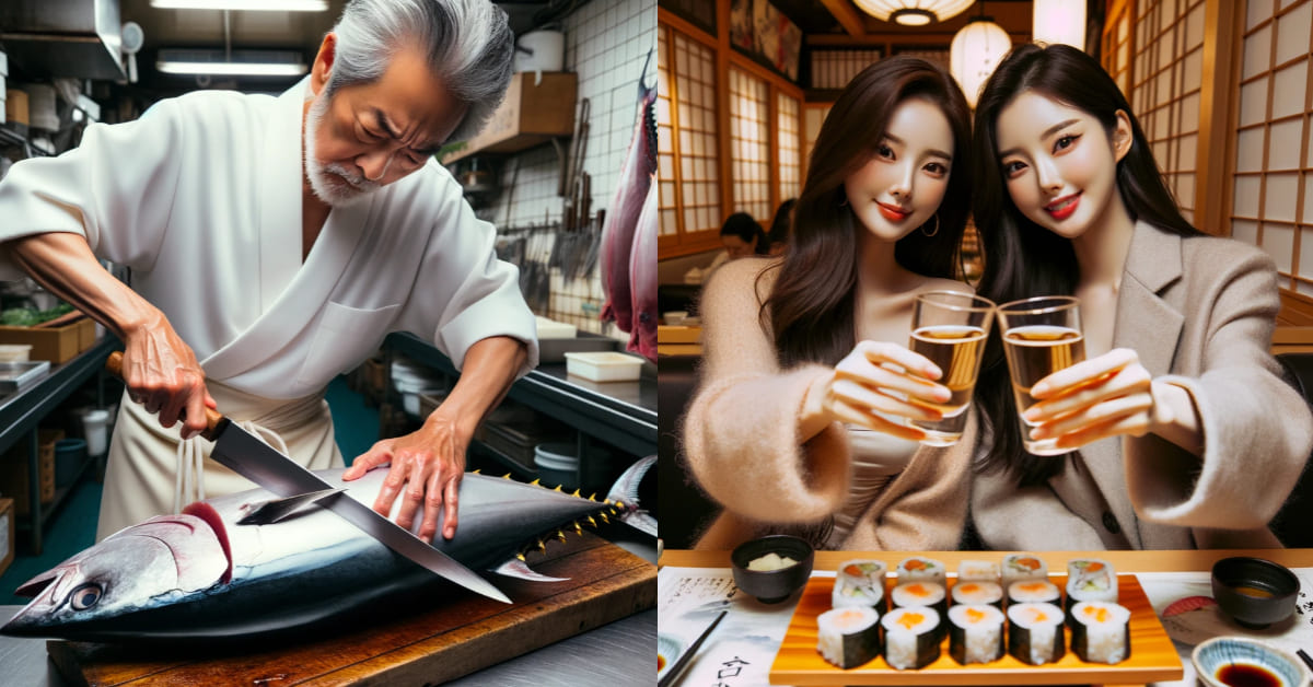 사진=참치를 손질하는 쉐프/술잔을 부딪히는 여성