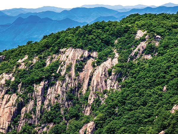 산 전체가 골계미를 이룬 낙영산落影山 너머로 첩첩산중이 너울진다. 당 고조의 세숫대야에 이 산의 그림자가 떨어져 비쳤다고 하여 낙영산이다.