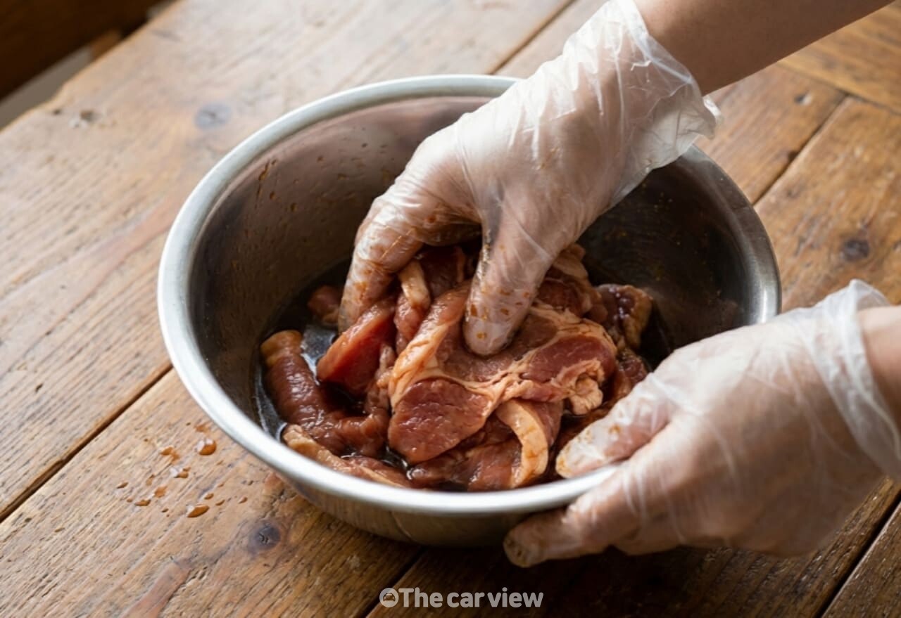 고기 양념 재우는 모습 / 사진=더카뷰