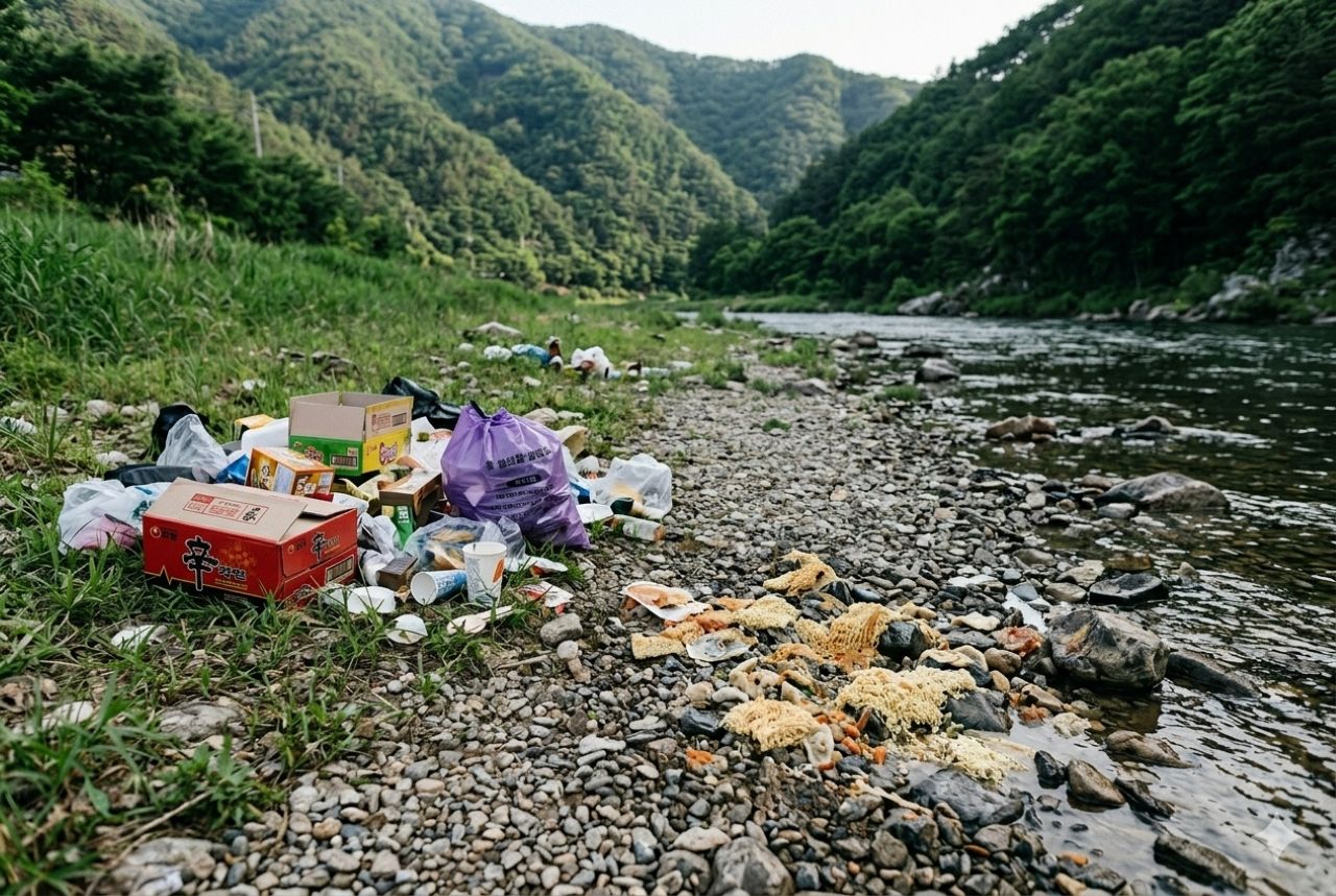 지난 28일, 온라인 커뮤니티 보배드림에 올라온 캠핑장 쓰레기 현장의 모습 / 사진=기사의 이해를 돕기 위한 ai 이미지