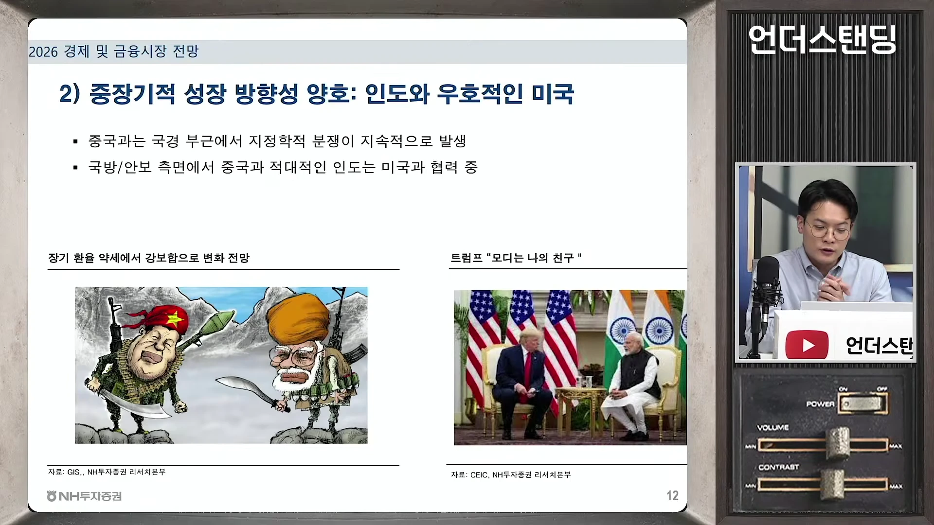 인도와 중국의 지정학적 갈등과 미국과의 협력 관계를 설명하는 경제 전망 발표 슬라이드