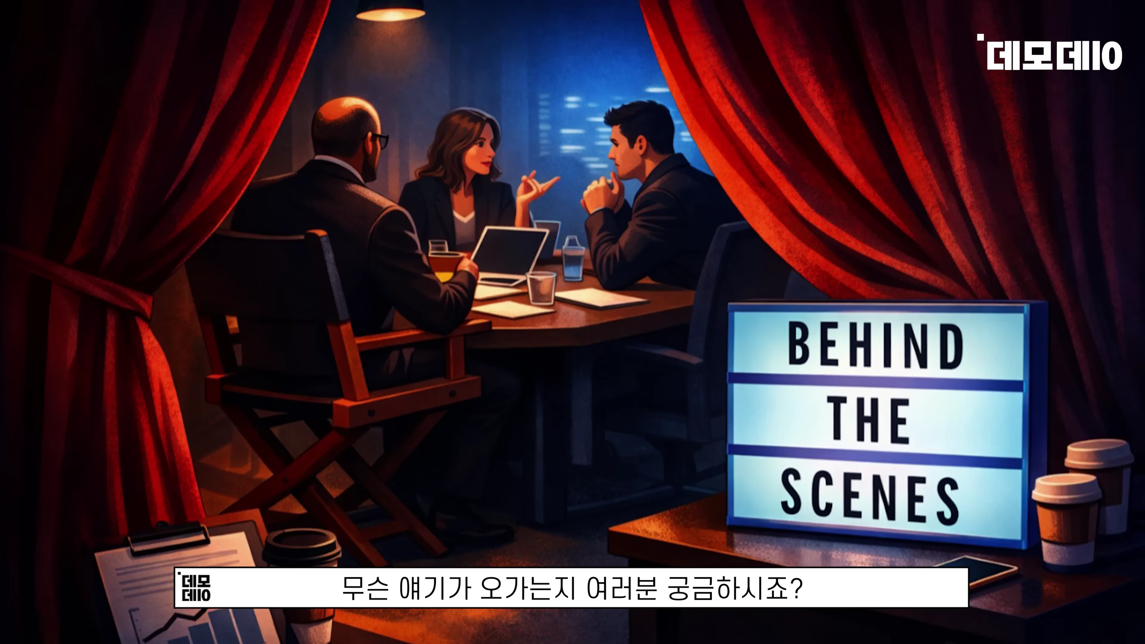 붉은 커튼 뒤 회의실에서 진지하게 대화하는 투자자들의 모습을 담은 일러스트