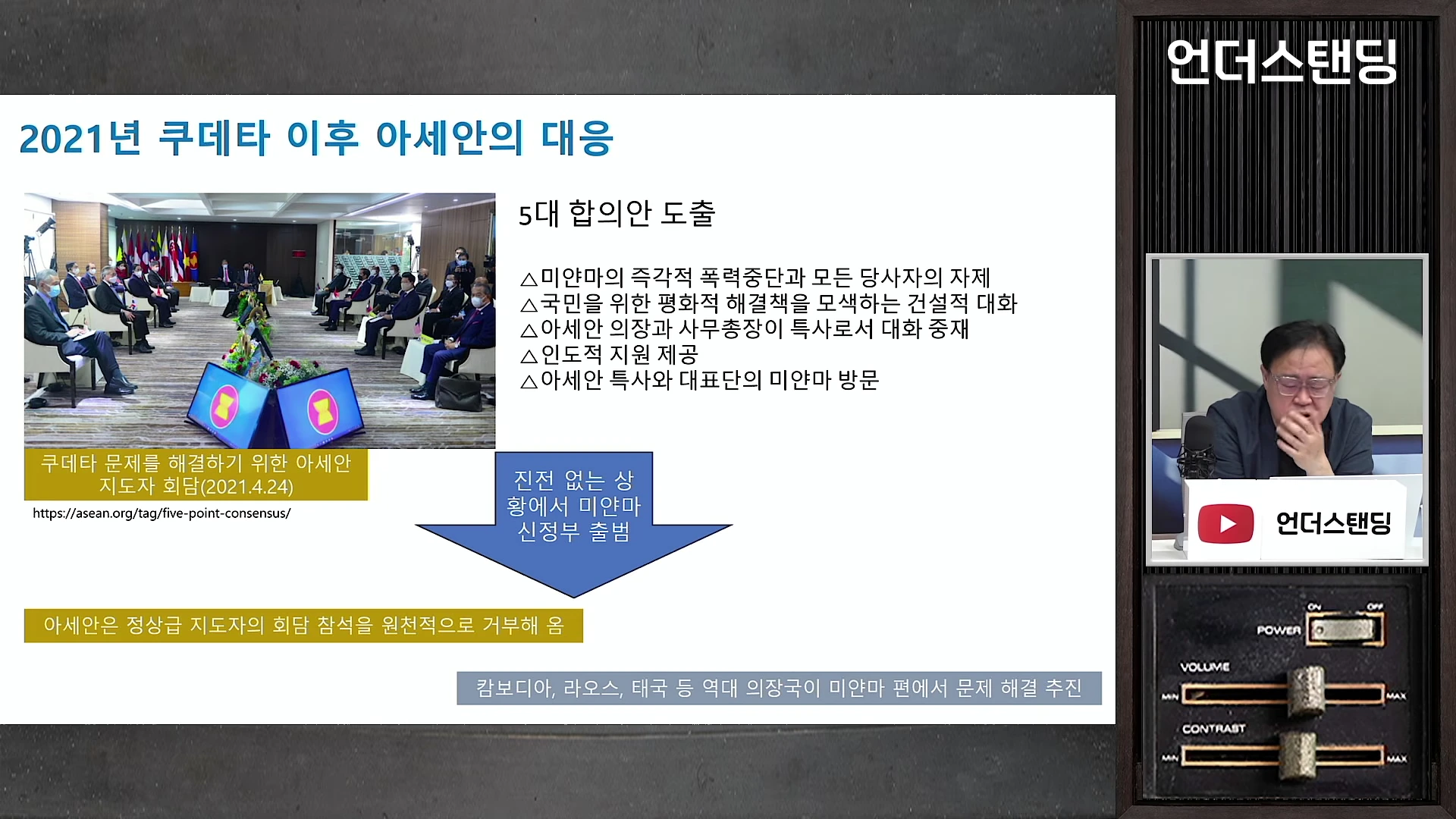 2021년 아세안 정상회담 사진과 5대 합의안이 정리된 발표 자료 화면