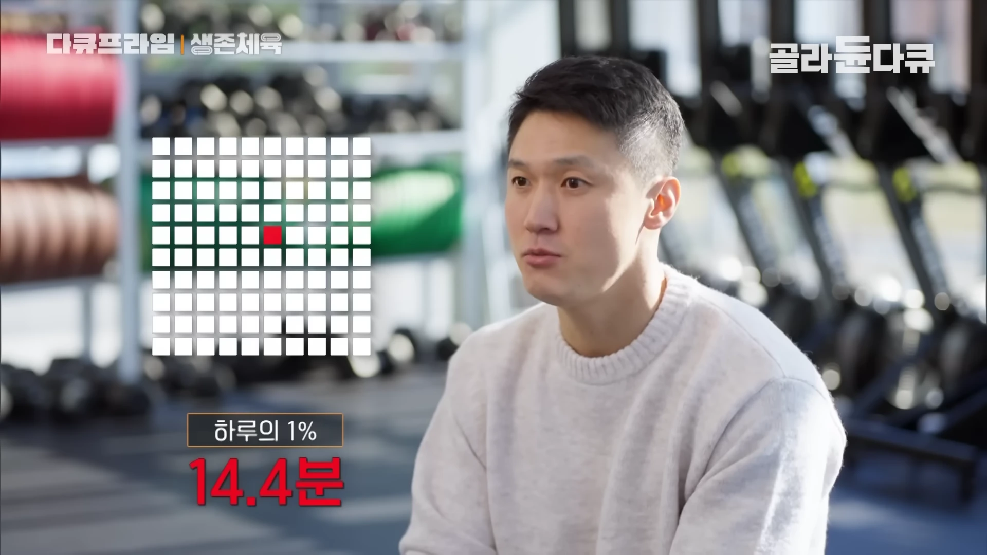 헬스장을 배경으로 인터뷰 중인 남성과 하루 1%인 14.4분을 나타내는 그래픽이 화면에 떠 있다.