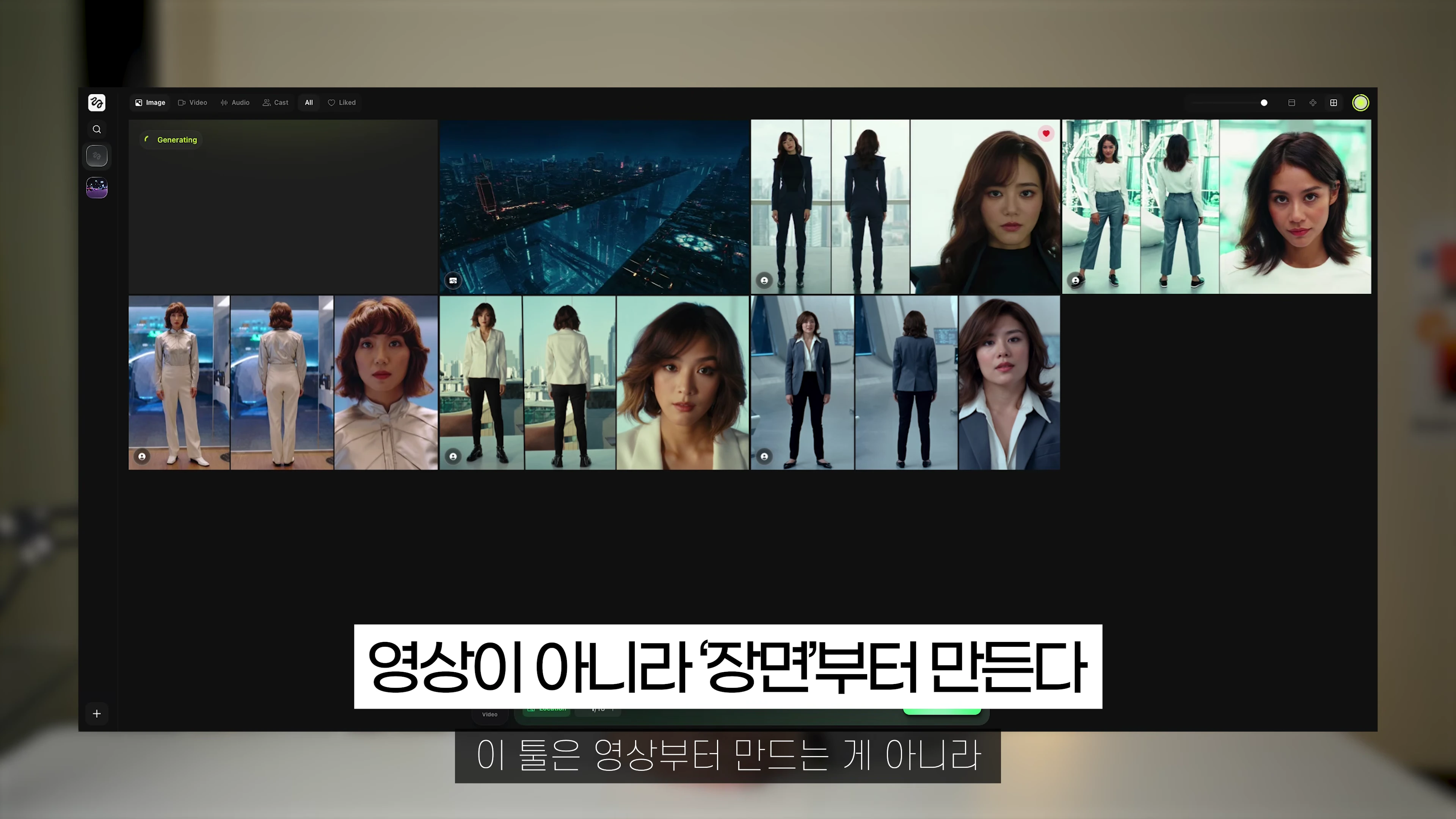AI 영상 제작 툴 화면에 다양한 인물 캐릭터와 배경 이미지가 격자 형태로 나열되어 있다.