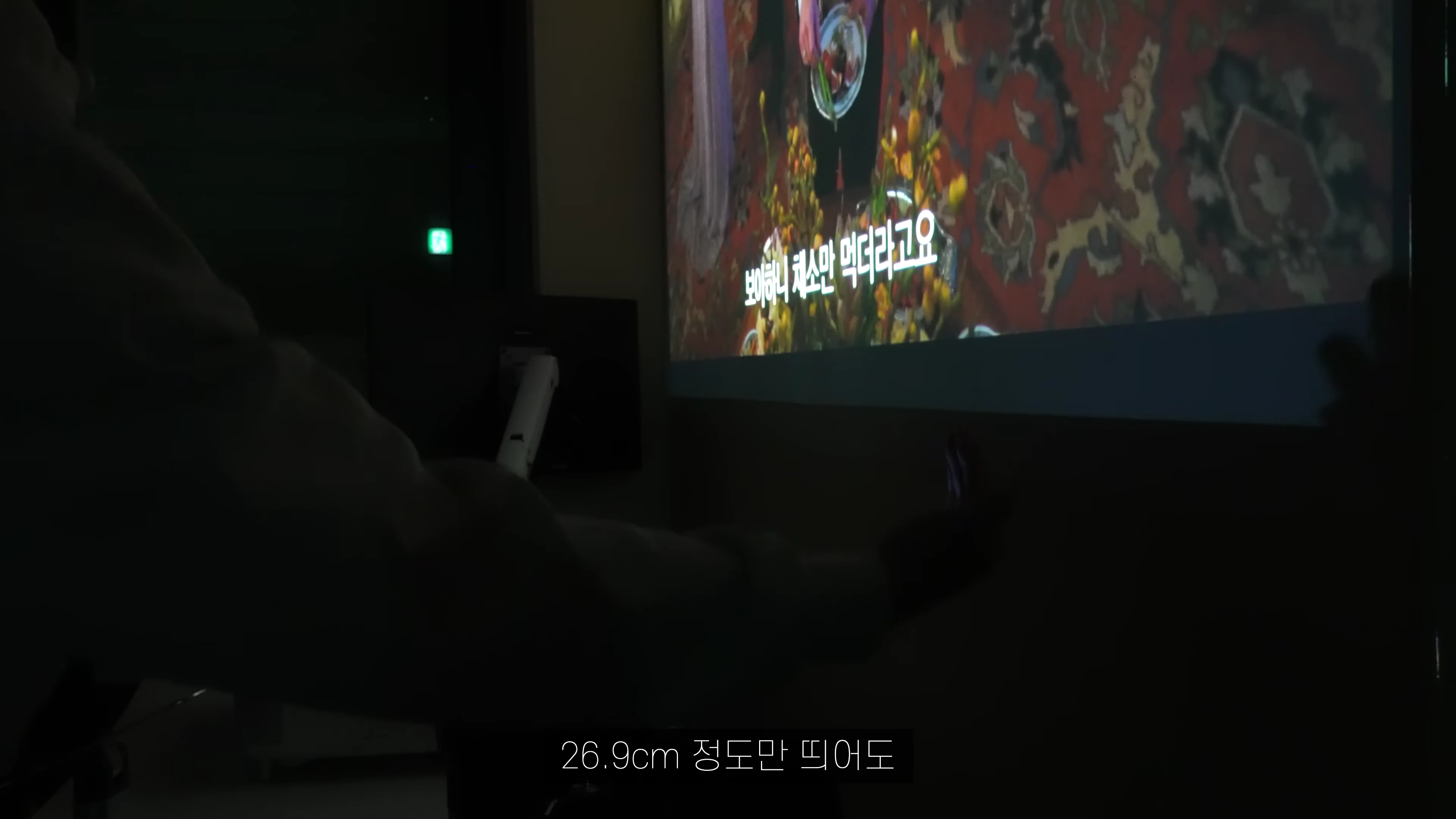 어두운 실내에서 벽면에 투사된 대화면 영상과 이를 설명하는 사람의 손이 보이는 모습