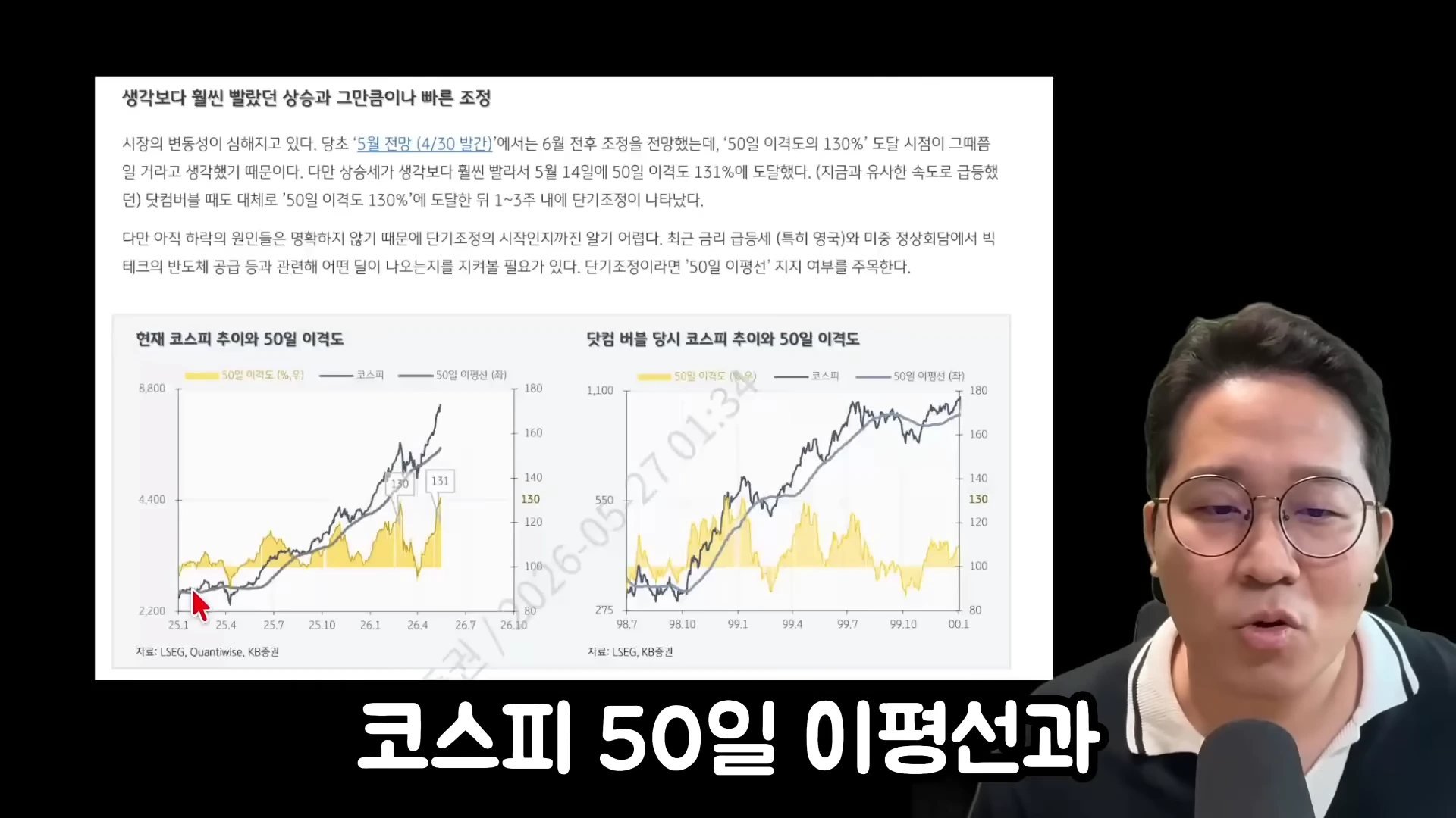 안경을 쓴 남성이 마이크 앞에서 발표하고 있으며, 화면에는 코스피 50일 이평선과 이격도를 비교한 그래프 자료가 떠 있습니다.