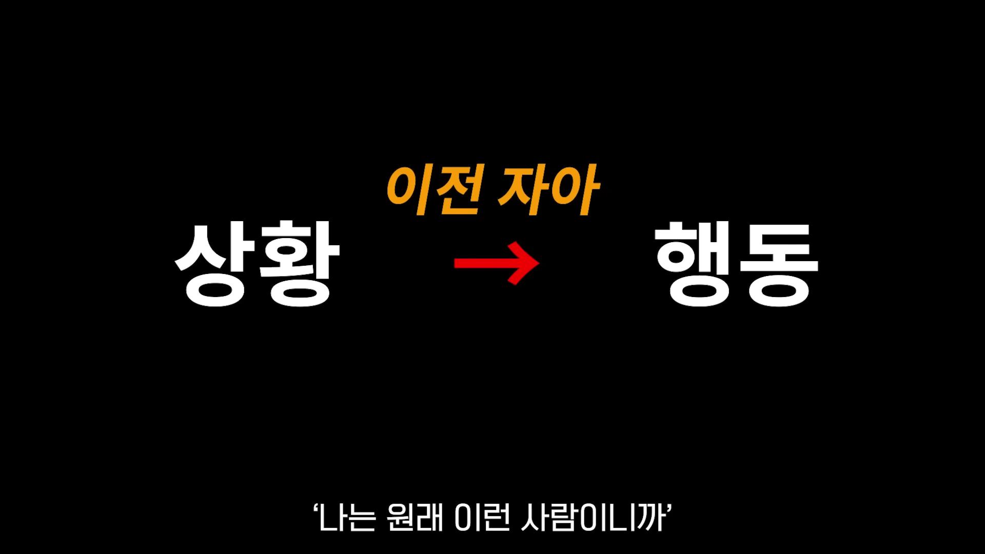 검은 배경에 '이전 자아', '상황', '행동'이라는 글자와 화살표가 적힌 그래픽