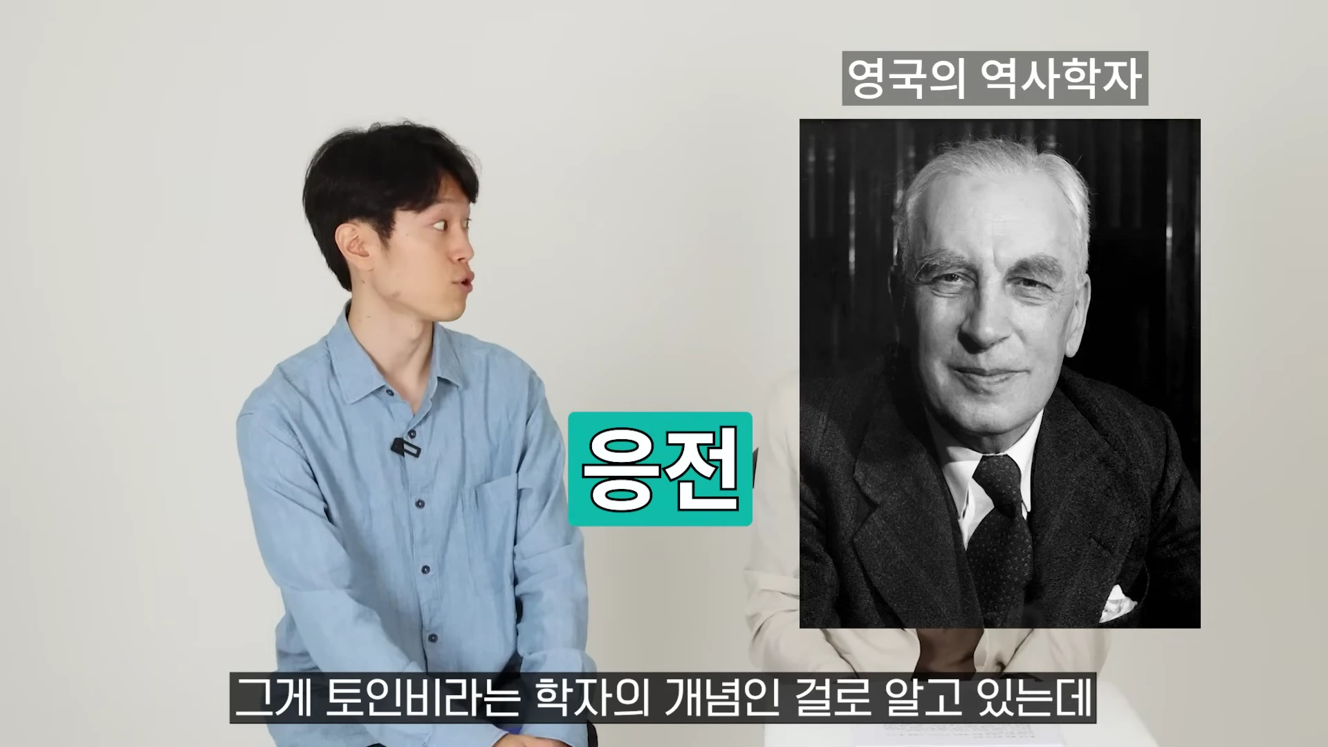 스튜디오에서 대화하는 남성과 화면 오른쪽에 배치된 역사학자 아놀드 토인비의 흑백 사진