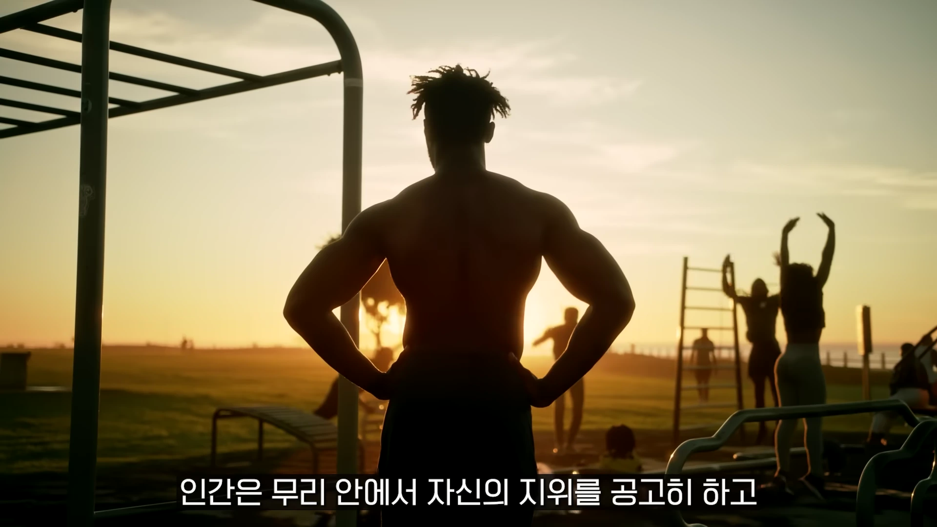 노을 지는 야외 운동장에서 근육질 남성이 뒷모습을 보이며 서 있고, 주변에 운동하는 사람들이 실루엣으로 보입니다.