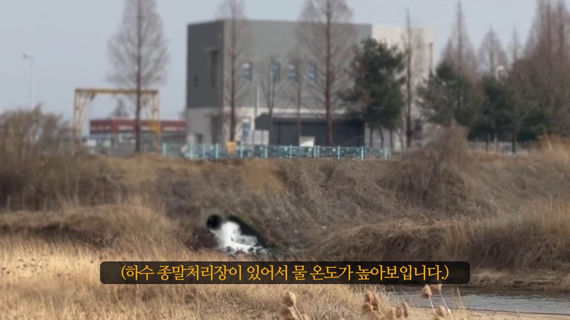 하수 종말 처리장 건물과 물이 쏟아져 나오는 배수관이 보이는 하천 풍경
