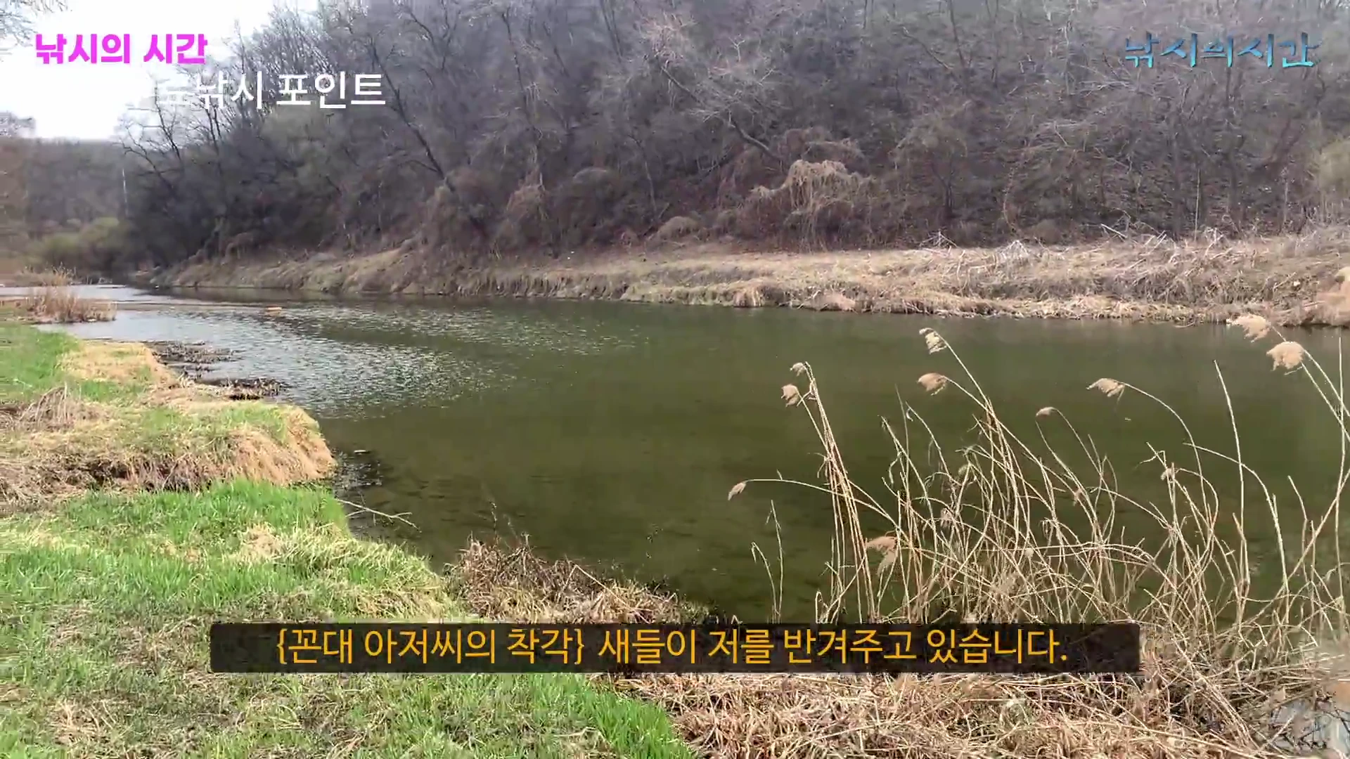 잔잔한 강물이 흐르는 노지 낚시터의 풍경과 화면 하단에 자막이 표시된 영상 캡처 화면