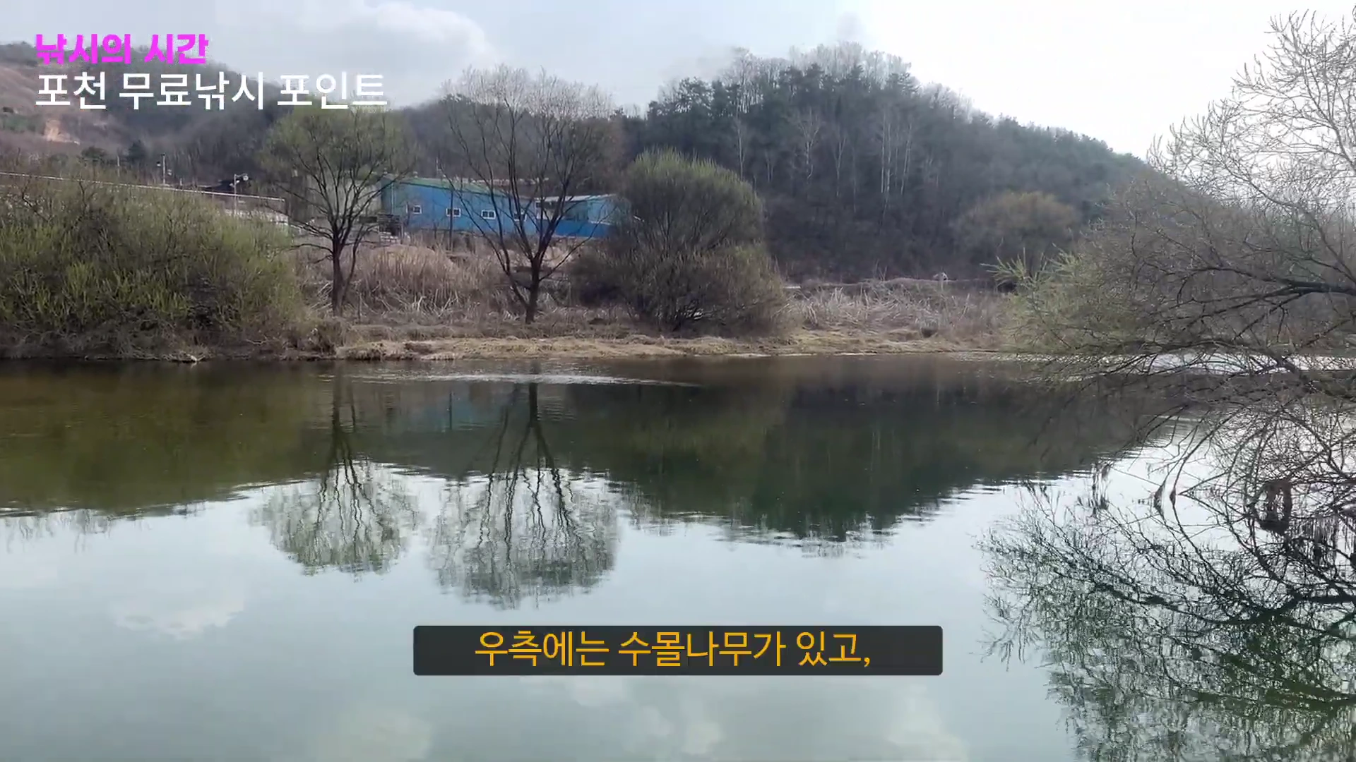 잔잔한 강물과 맞은편 산, 수몰나무가 보이는 포천의 노지 낚시터 풍경