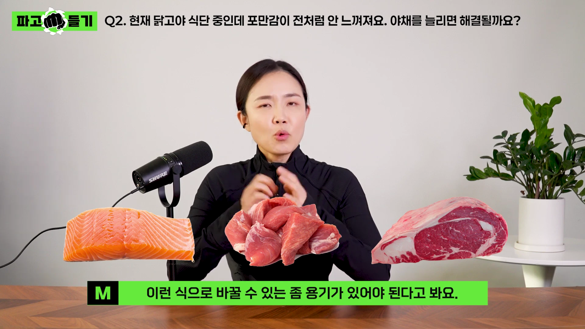 검은 옷을 입은 여성이 마이크 앞에 앉아 있고, 화면 하단에는 연어와 고기 사진이 합성되어 있습니다.