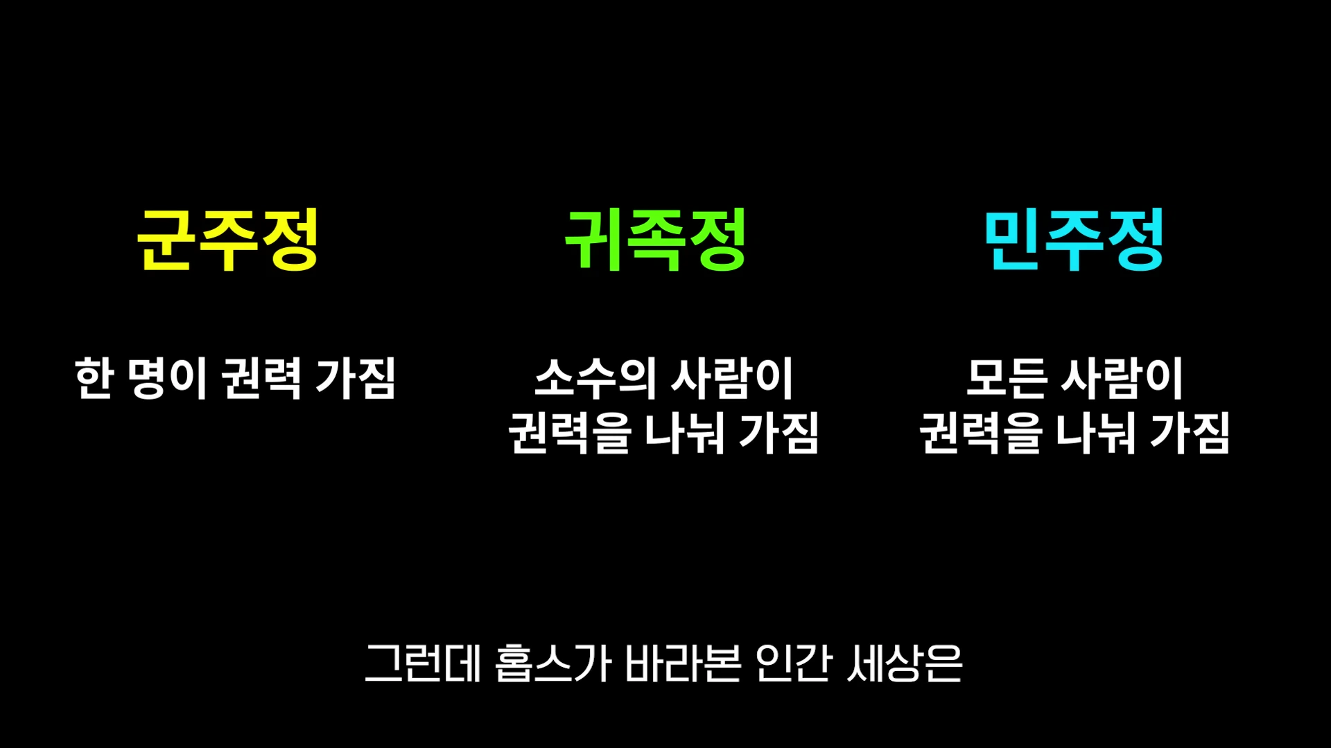 군주정, 귀족정, 민주정의 정의가 적힌 검은색 배경의 자막 화면