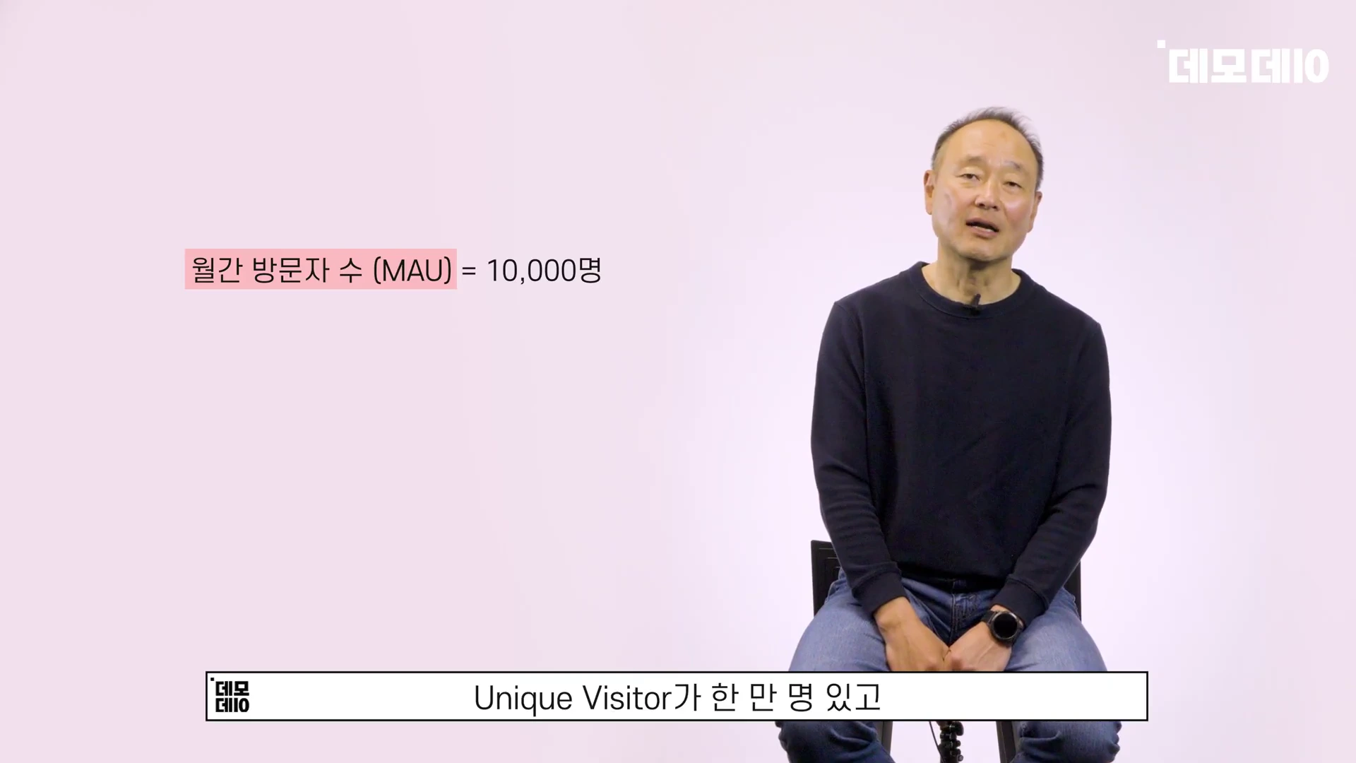 흰 배경 앞에서 검은색 상의를 입은 남성이 앉아 있고, 옆에는 '월간 방문자 수(MAU) = 10,000명'이라는 텍스트가 떠 있습니다.