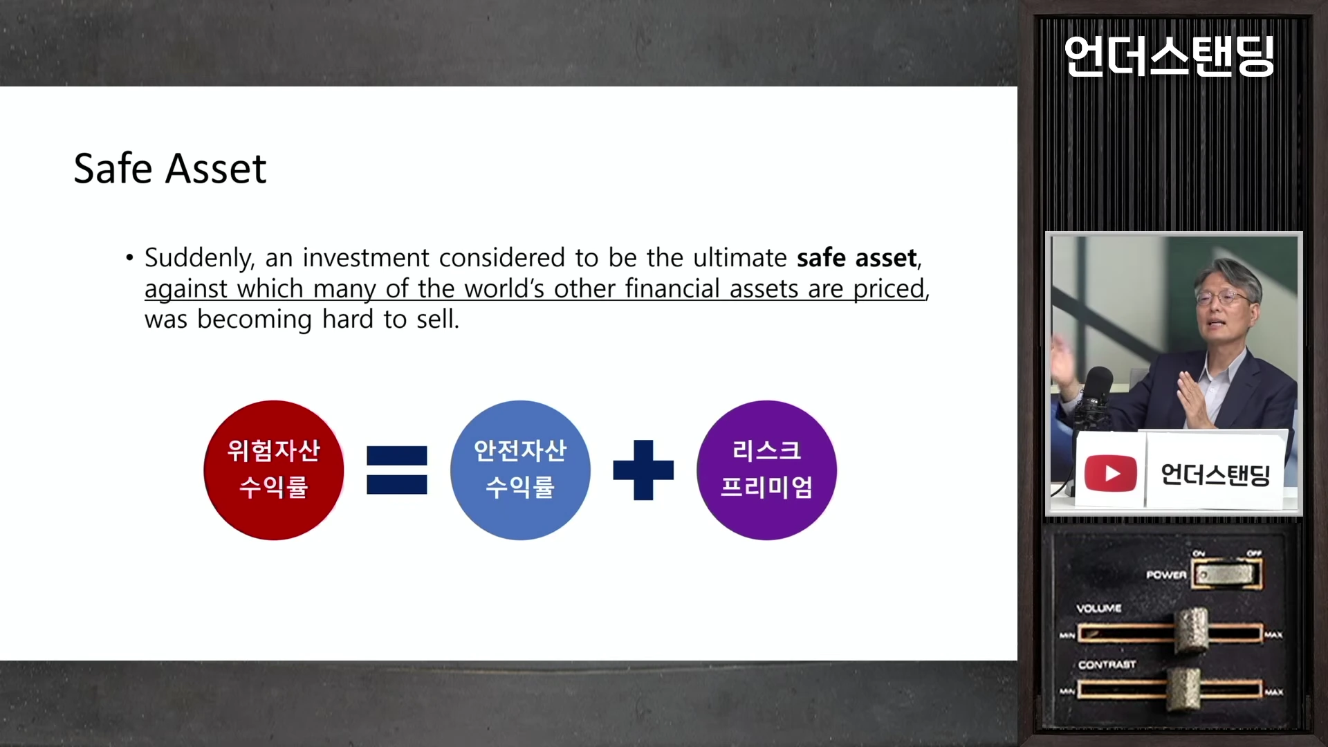안전자산의 정의와 위험자산 수익률 공식을 보여주는 프레젠테이션 화면과 이를 설명하는 전문가의 모습