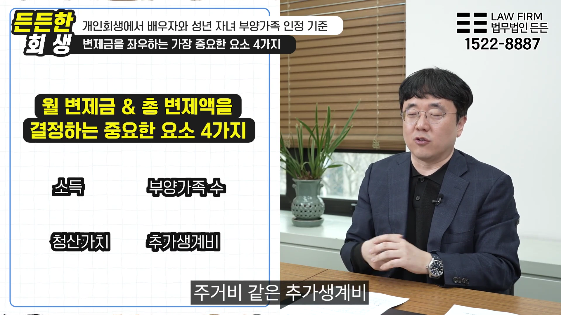 안경을 쓴 남성이 책상에 앉아 개인회생 관련 정보를 설명하는 영상 화면