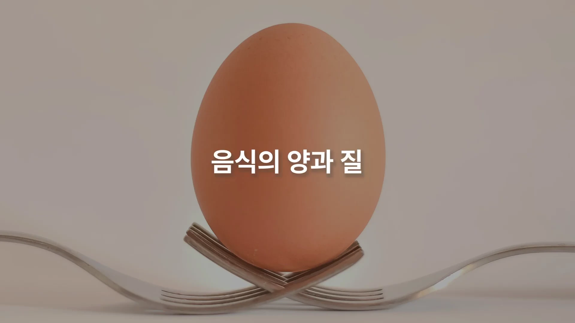 두 개의 포크 위에 달걀 하나가 놓여 있고 그 위에 '음식의 양과 질'이라는 문구가 적혀 있습니다.