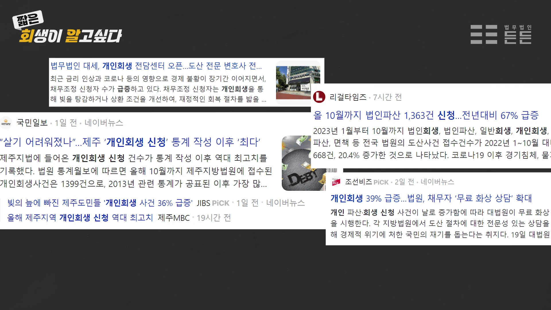 개인회생 신청 급증과 관련된 뉴스 기사 제목들이 나열된 화면