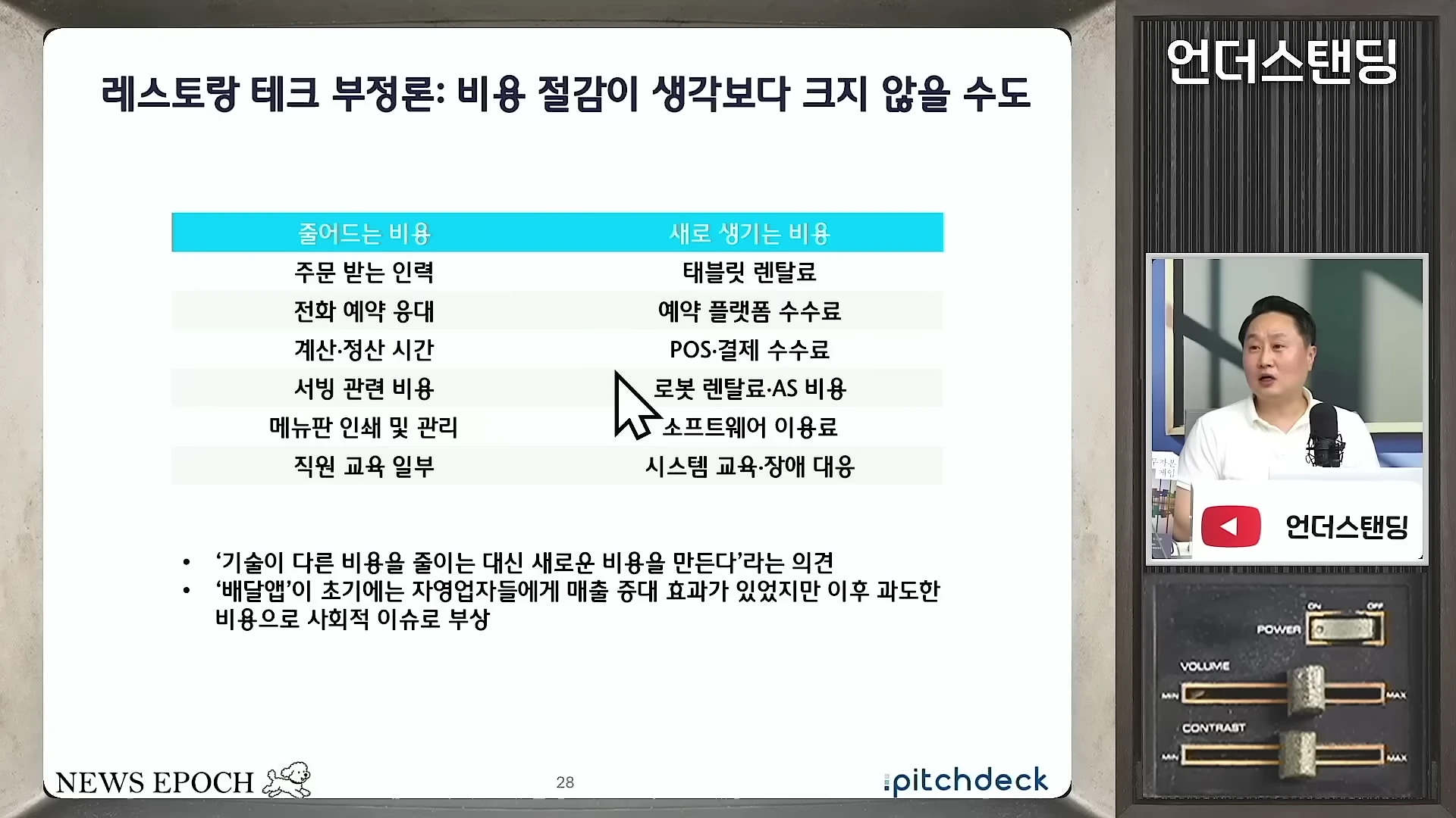 레스토랑 테크 도입에 따른 비용 변화를 비교한 표와 이를 설명하는 남성 출연자의 모습이 담긴 화면
