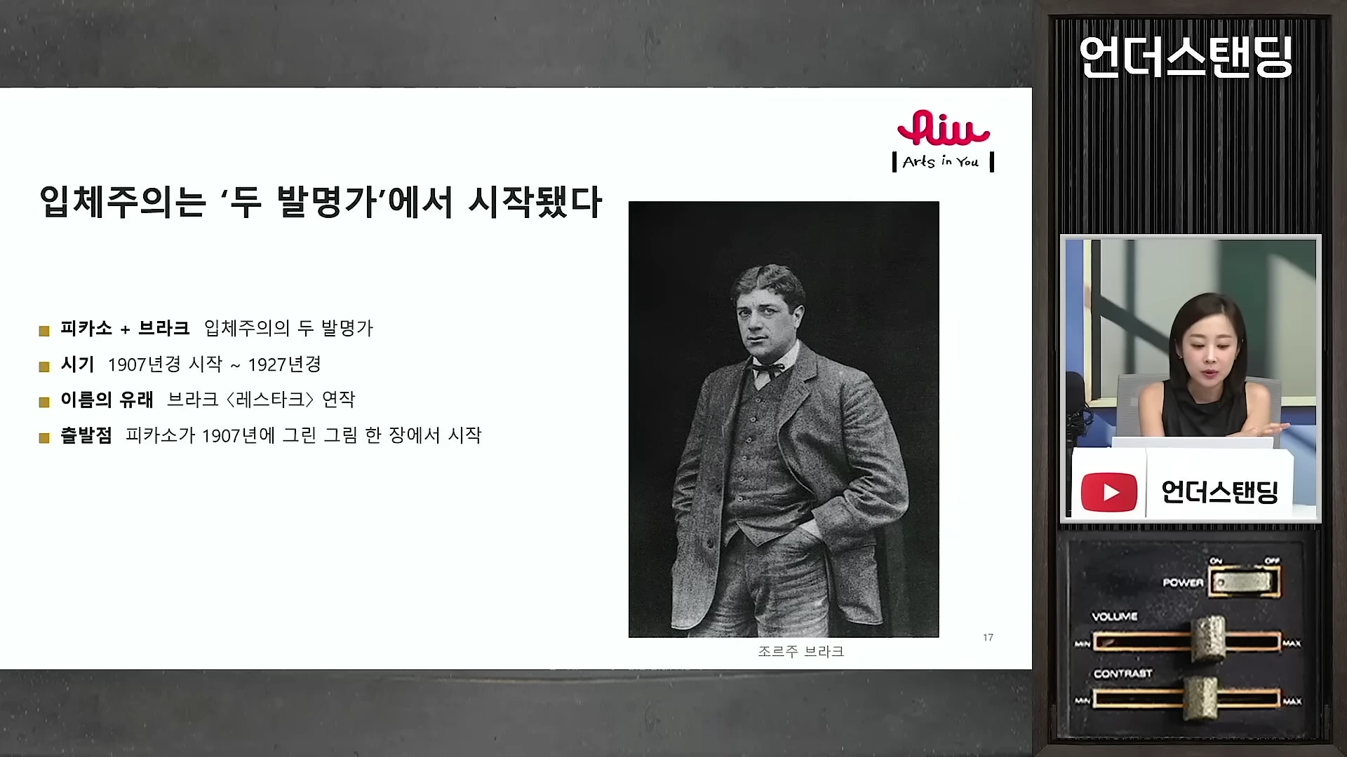 입체주의의 기원을 설명하는 프레젠테이션 화면과 이를 해설하는 여성 진행자의 모습