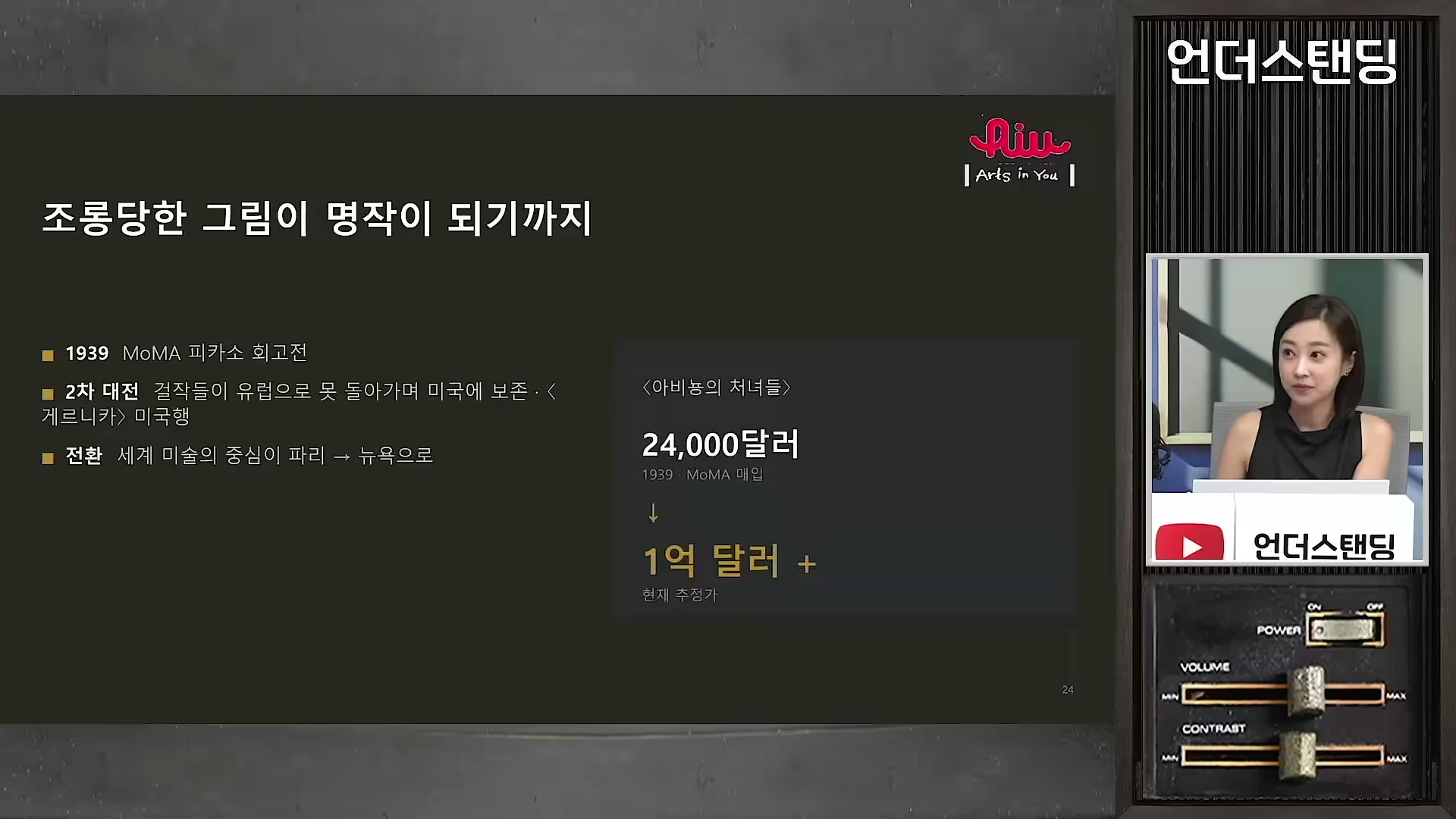 피카소의 작품 가치 변화와 미술 중심지 이동을 설명하는 프레젠테이션 화면과 발표자의 모습