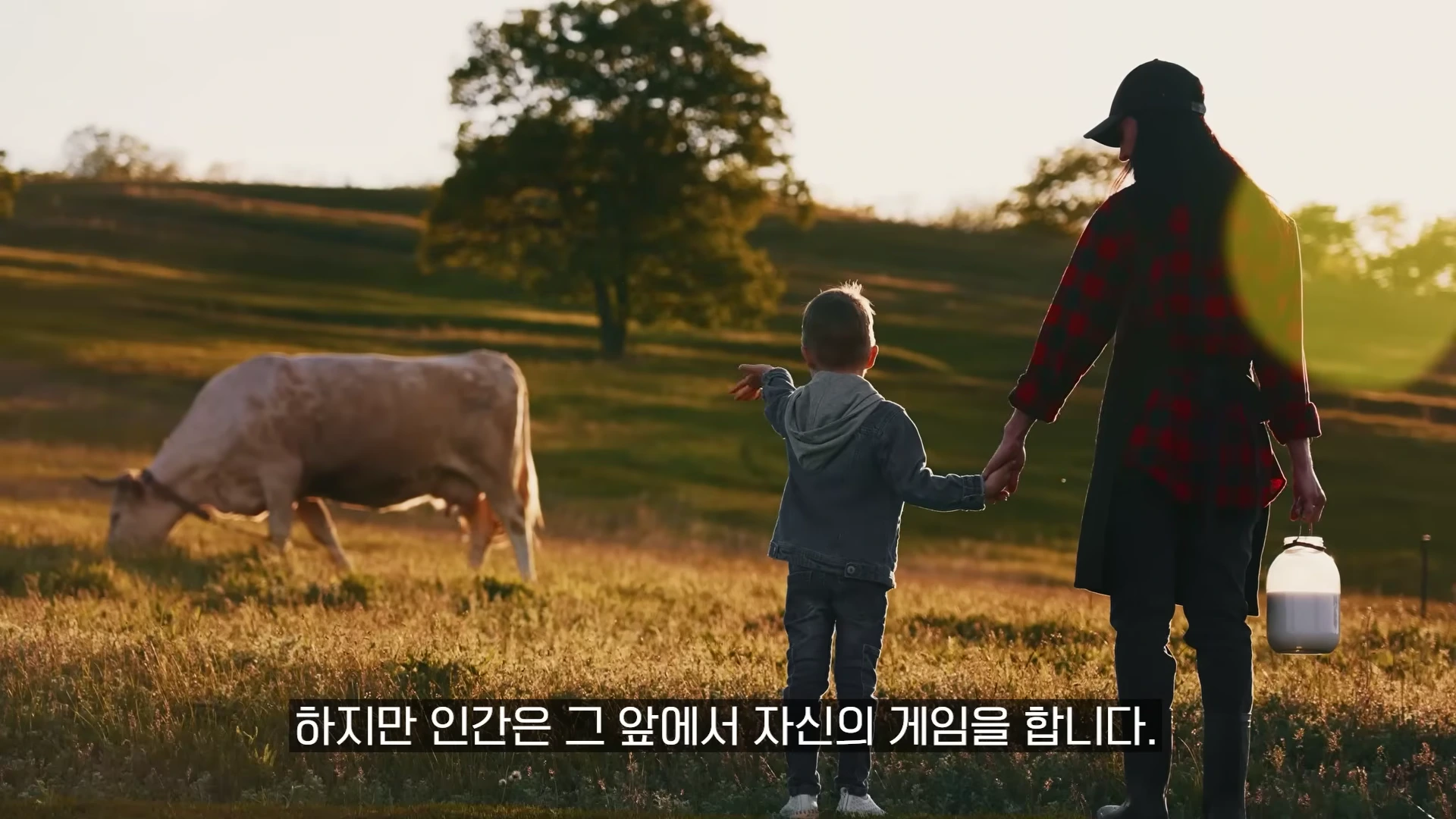 노을 지는 들판에서 아이와 어른이 손을 잡고 서 있고, 뒤편에 소 한 마리가 풀을 뜯고 있는 영상 장면