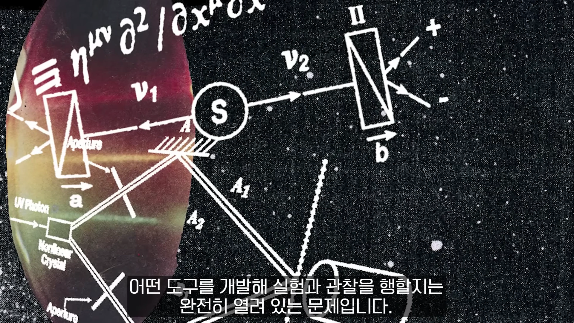 물리학 실험 도식과 수식이 그려진 칠판 배경에 한국어 자막이 겹쳐진 영상 화면