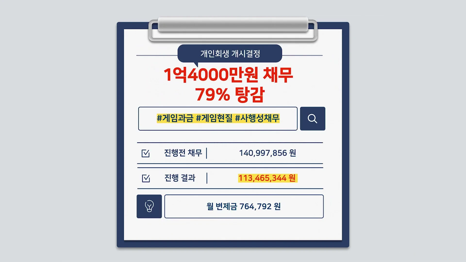 개인회생 개시 결정 내용을 담은 요약 정보가 적힌 클립보드 그래픽