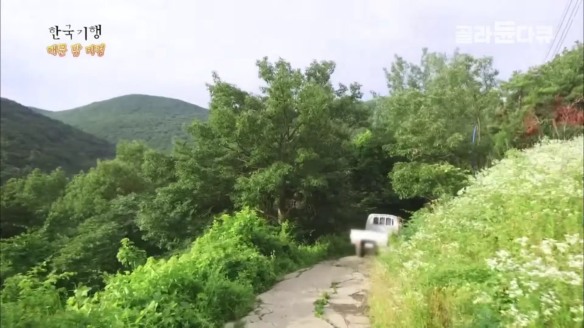 울창한 숲과 산이 어우러진 좁은 비포장 산길을 흰색 트럭 한 대가 천천히 지나가고 있다.