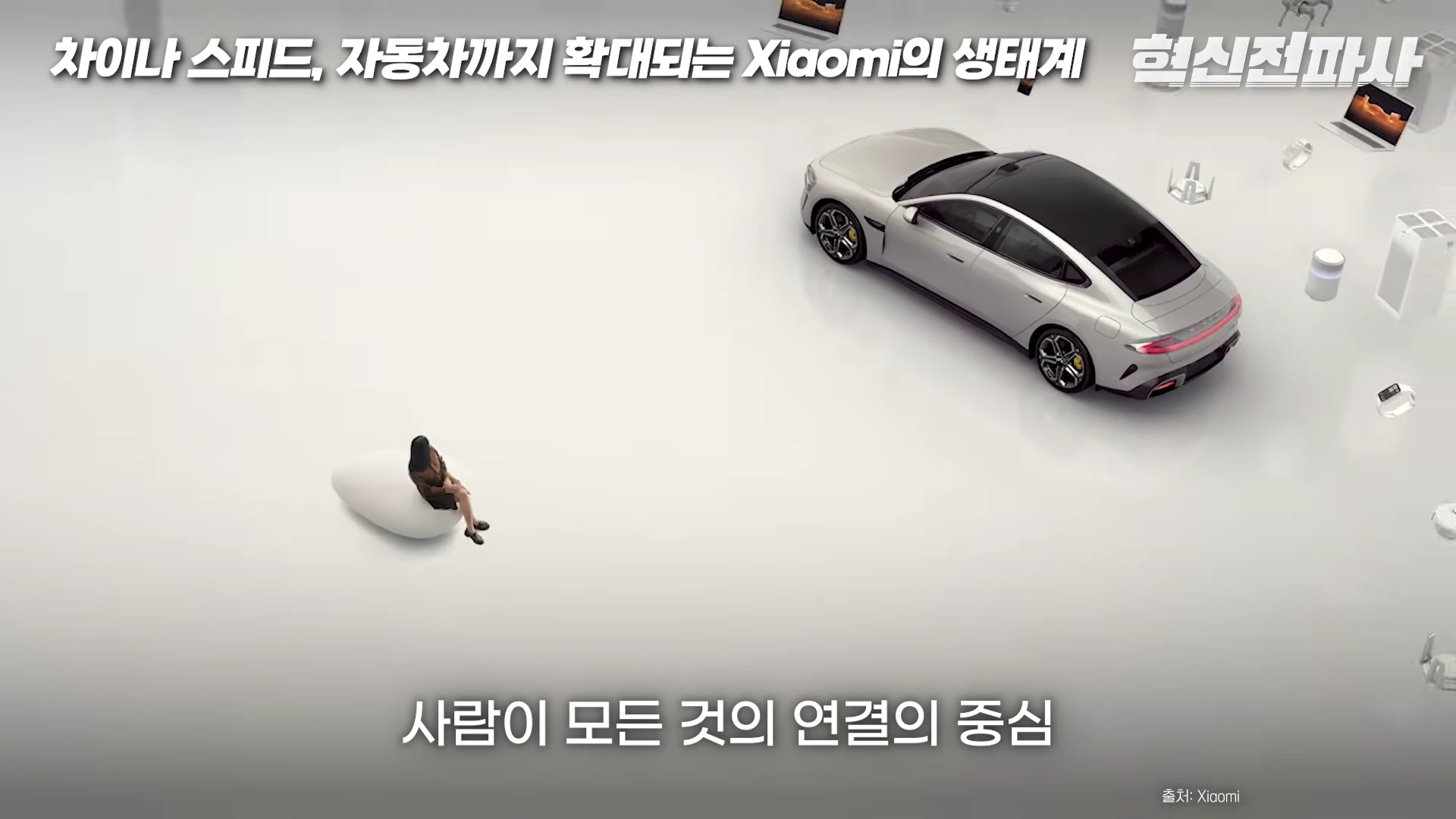 흰색 배경 위에 은색 전기차와 사람이 앉아 있고, 주변에 가전제품 아이콘들이 떠 있는 그래픽 이미지