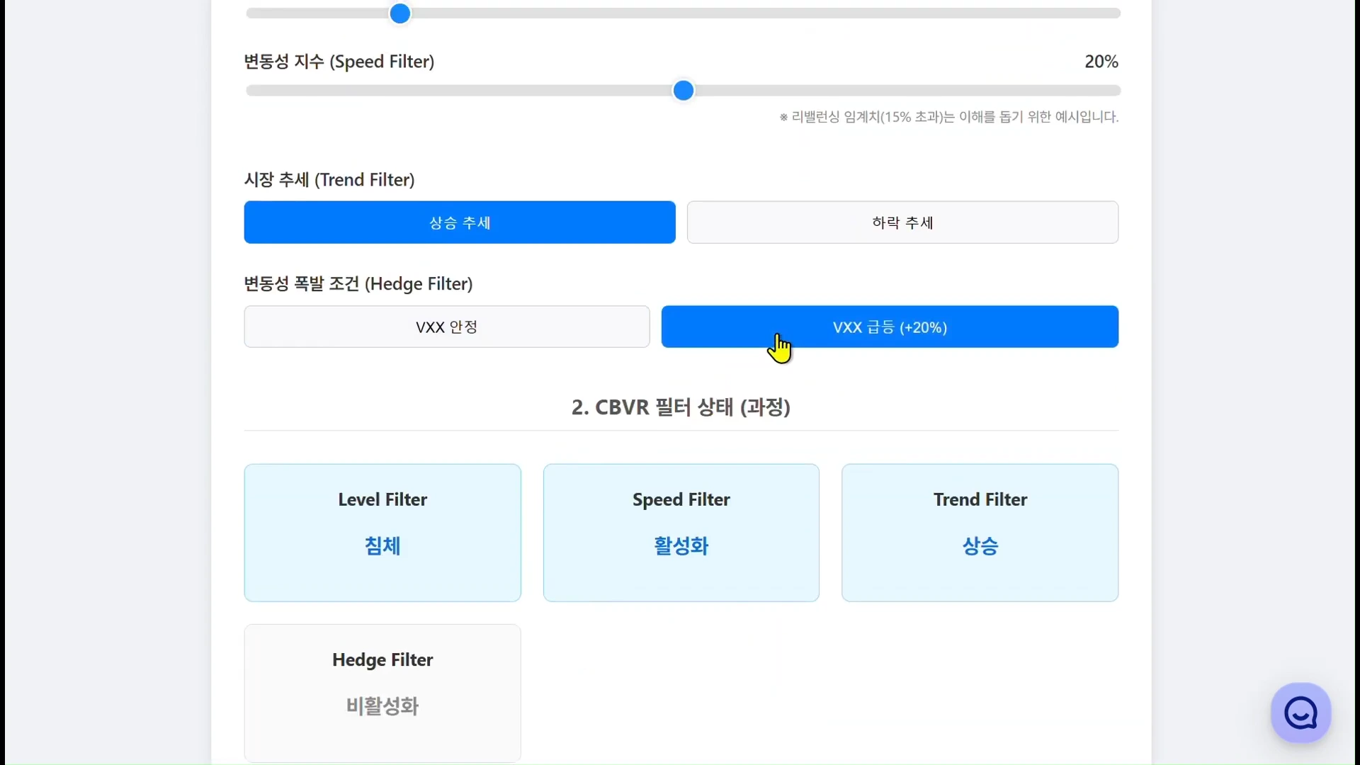 투자 전략 시뮬레이터 화면으로 변동성 지수와 시장 추세, 헤지 필터 상태를 보여주는 인터페이스