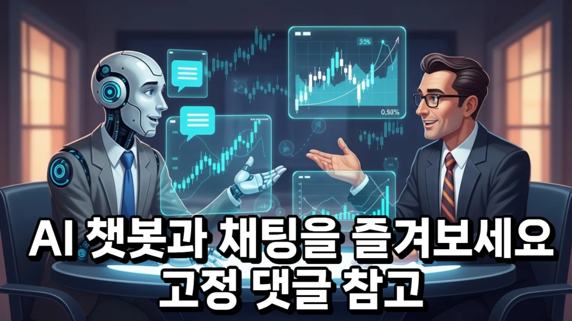 정장을 입은 로봇과 남성이 테이블에 앉아 금융 차트가 떠 있는 홀로그램 화면을 보며 대화하는 모습