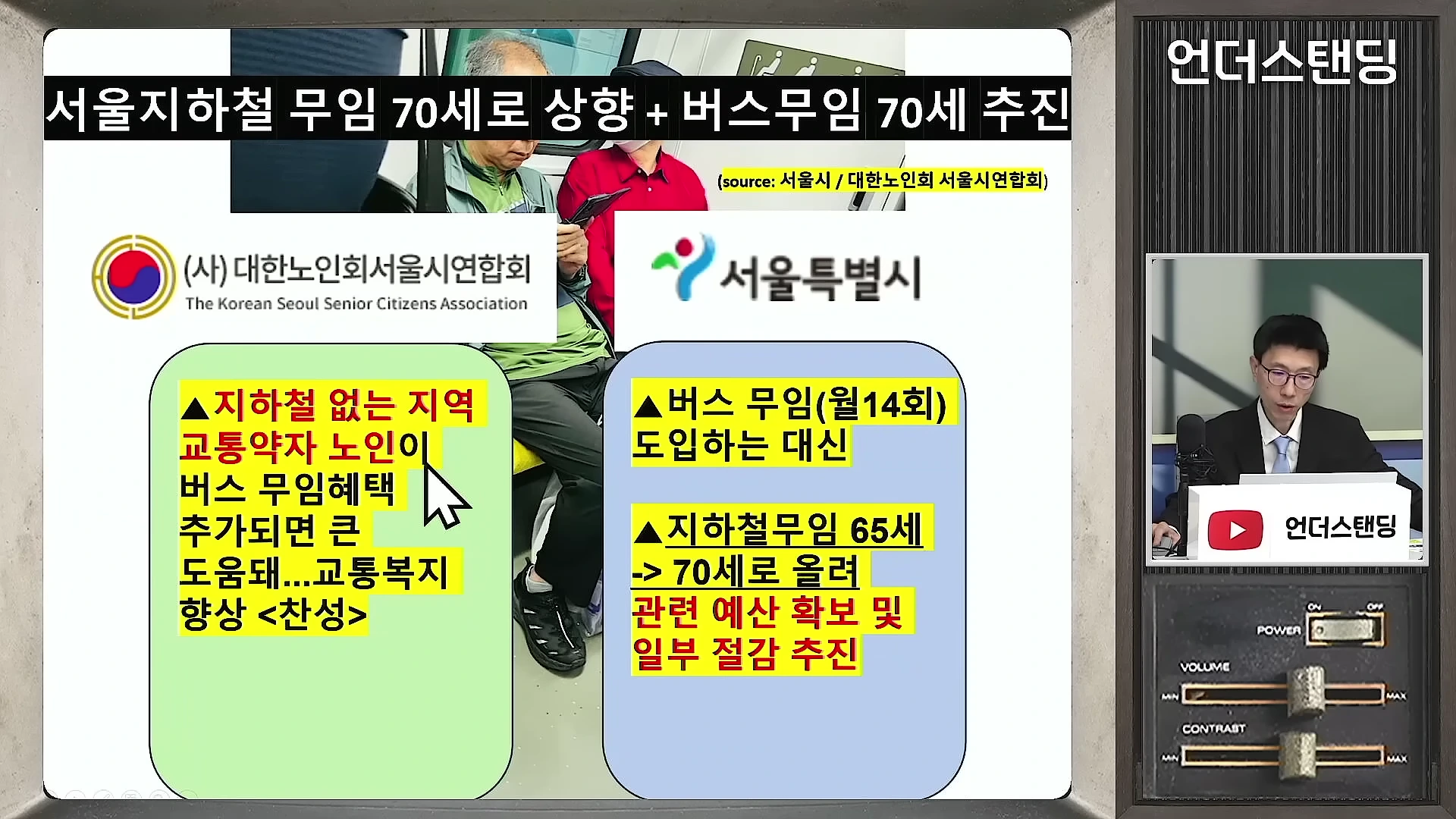 서울시의 지하철 및 버스 무임승차 정책 변경안을 설명하는 발표 자료 화면
