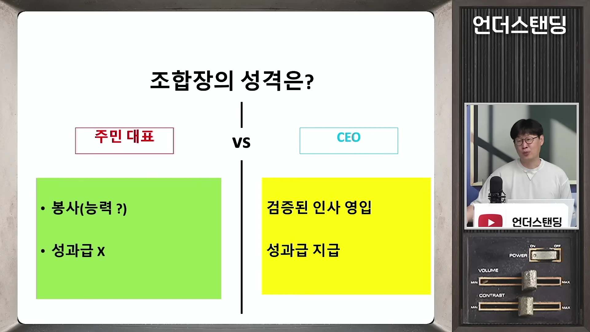 조합장의 성격을 주민 대표와 CEO로 비교한 슬라이드와 발표자가 나오는 화면