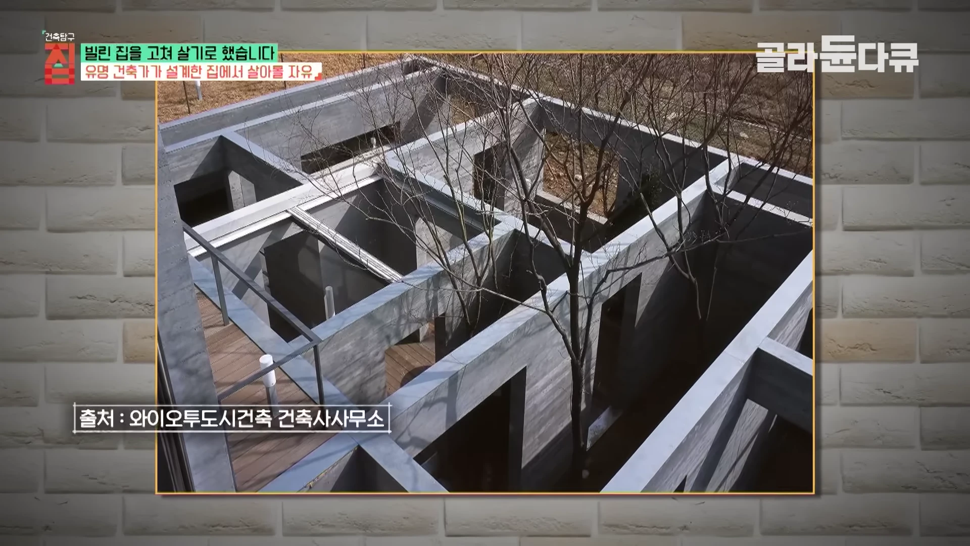 노출 콘크리트로 지어진 독특한 격자 구조의 건물과 그 사이로 뻗은 나무들이 보이는 건축 사진