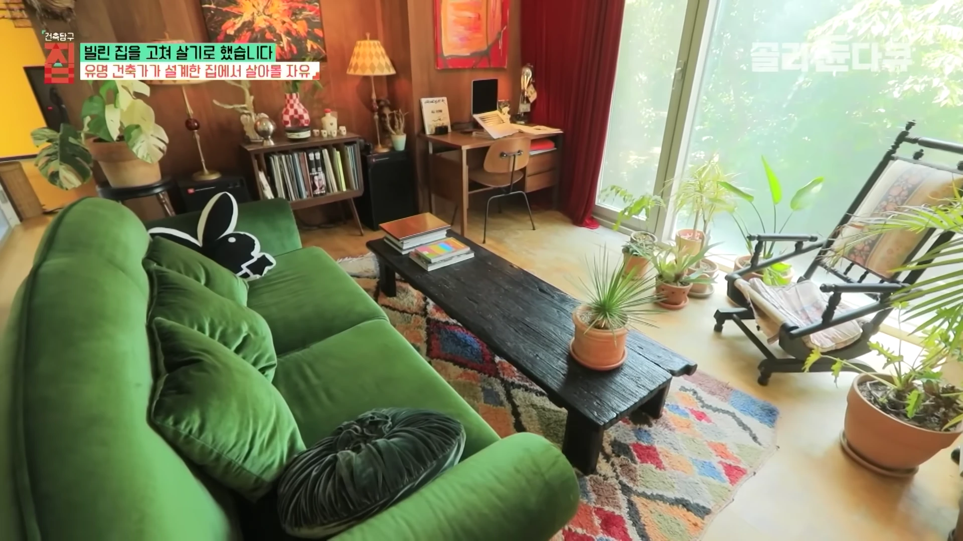 초록색 벨벳 소파와 다양한 화분, 예술적인 소품들로 꾸며진 감각적인 거실 풍경