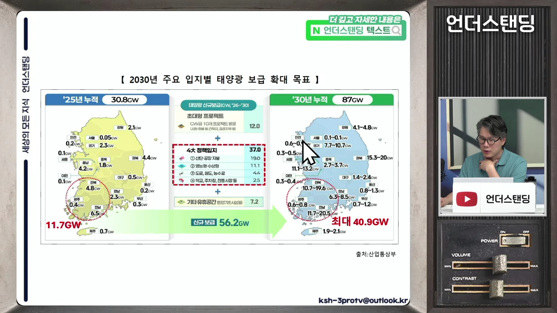 한반도 지도에 지역별 태양광 발전 설비 용량이 표시된 인포그래픽과 이를 설명하는 진행자의 모습