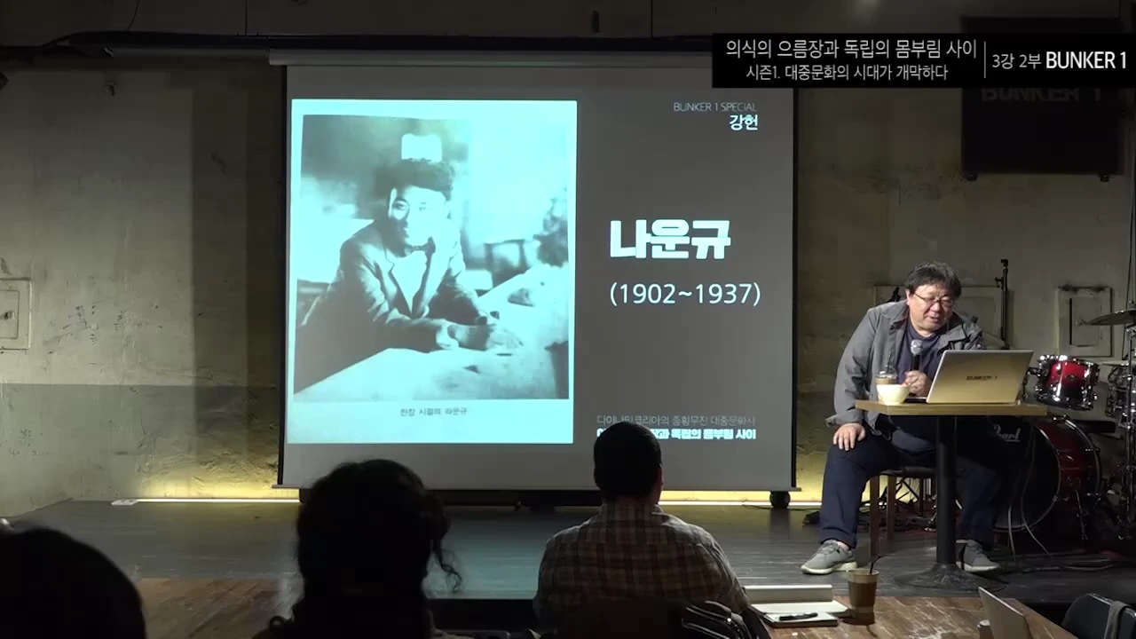 강연자가 스크린에 나운규의 흑백 사진을 띄워놓고 청중 앞에서 이야기를 나누는 모습