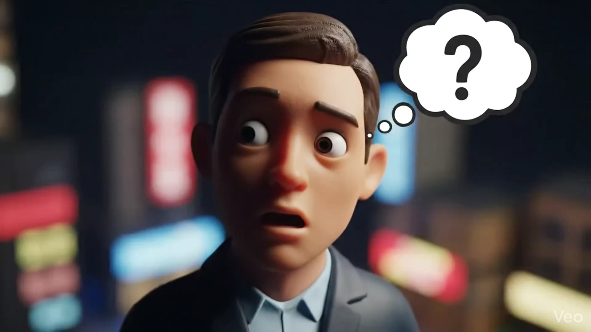 물음표가 그려진 말풍선을 띄우고 당황한 표정을 짓는 남성 캐릭터의 3D 애니메이션 스타일 이미지