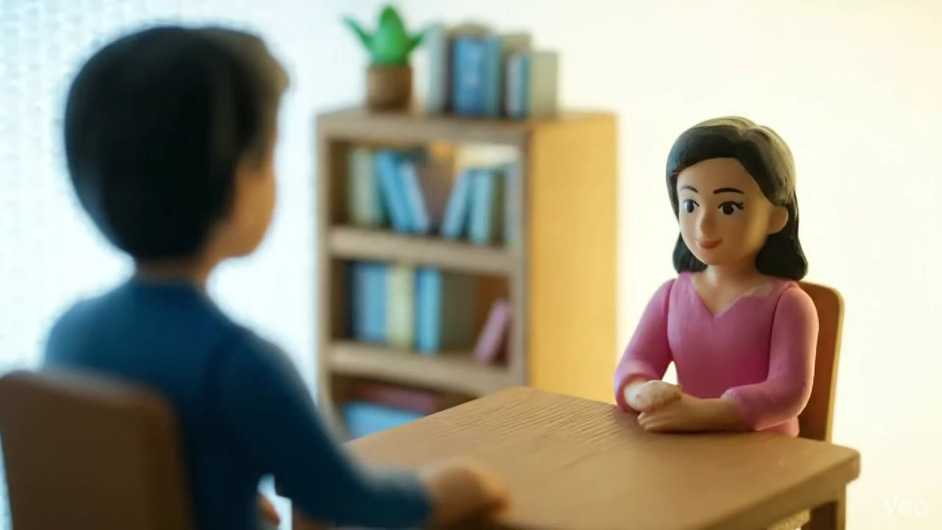 책상에 마주 앉아 대화를 나누는 두 사람의 모습을 형상화한 작은 피규어들