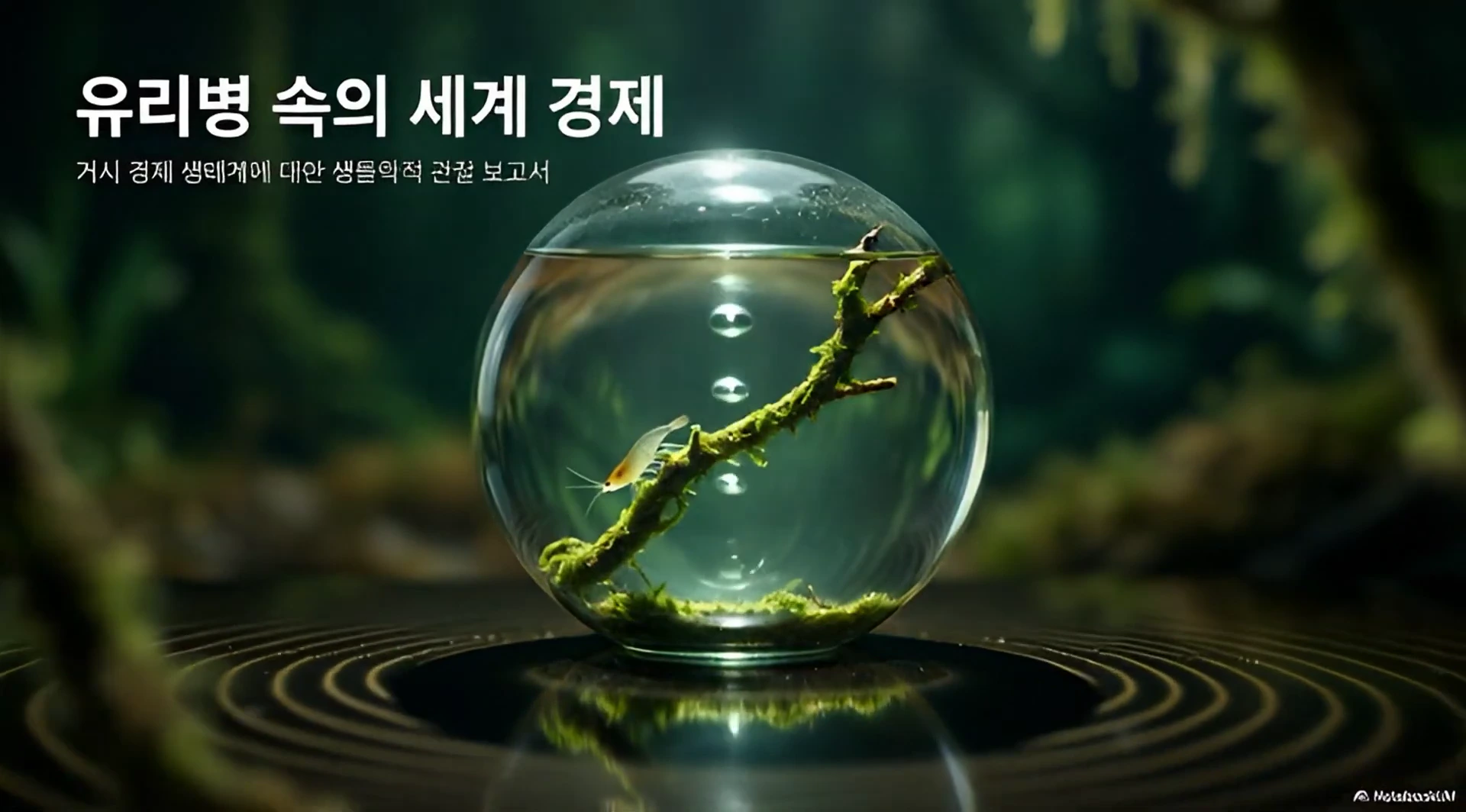 어두운 배경 속 작은 유리 구체 안에 새우 한 마리와 나뭇가지가 들어있고, 상단에 '유리병 속의 세계 경제'라는 문구가 적혀 있습니다.