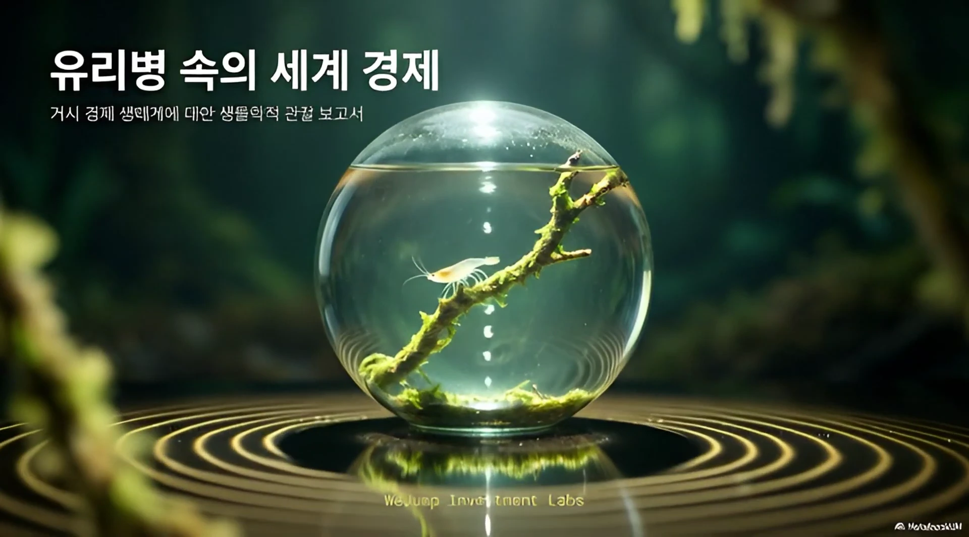둥근 유리병 안에 작은 새우 한 마리가 이끼 낀 나뭇가지 위에 앉아 있는 모습이 담긴 그래픽 이미지