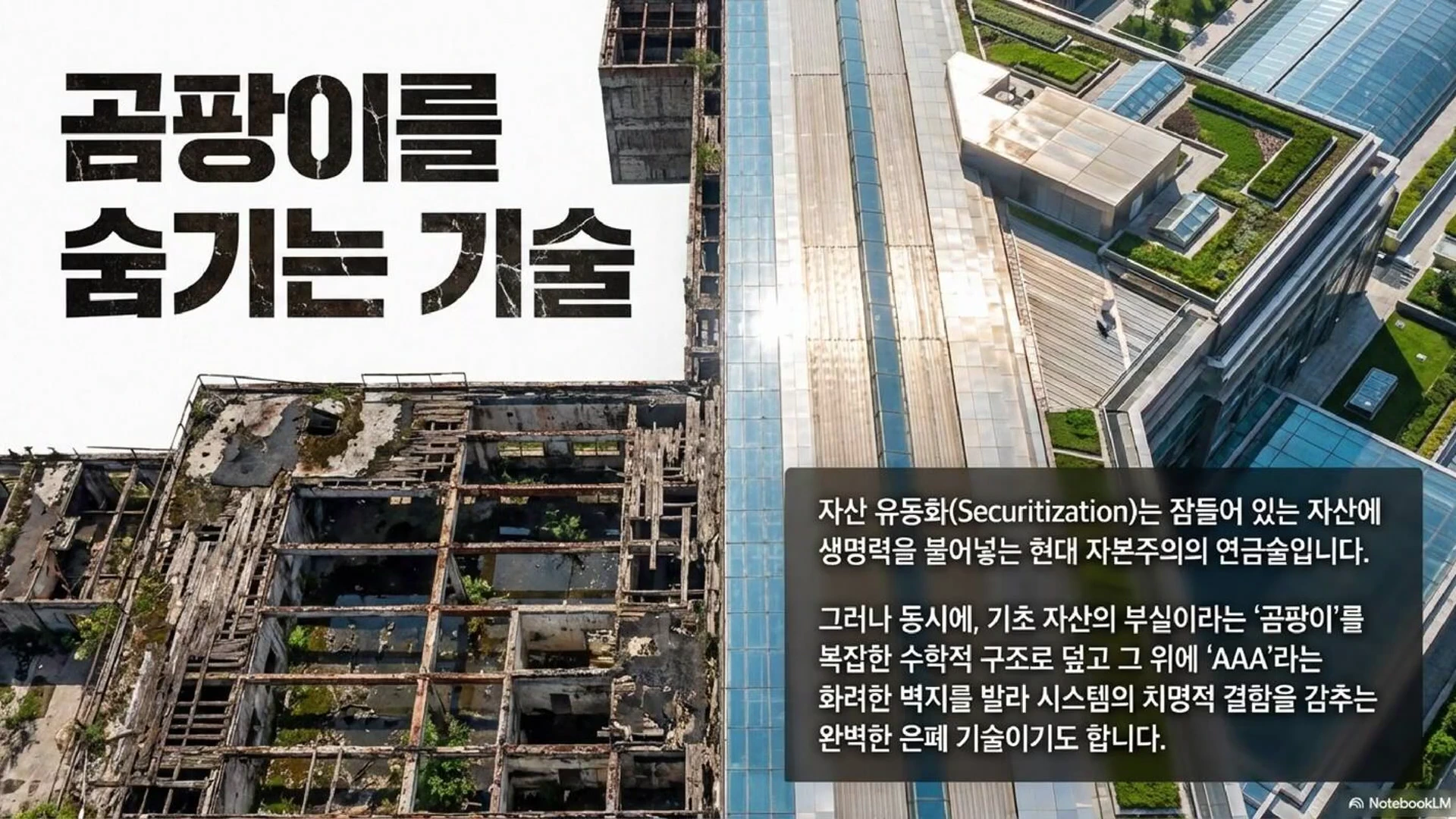 폐허가 된 건물과 현대식 건물이 대비되는 항공 뷰 위에 '곰팡이를 숨기는 기술'이라는 큰 글자가 적힌 영상 캡처 화면.