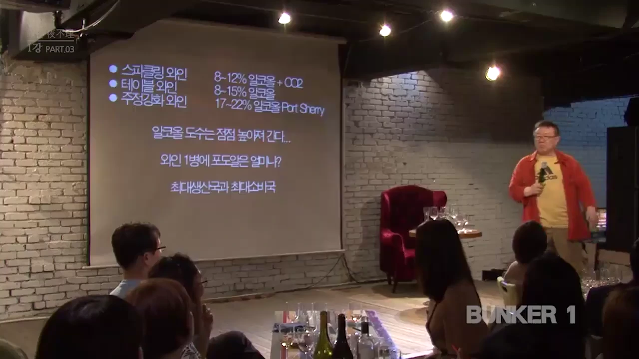 강연장에서 붉은 셔츠를 입은 남성이 와인의 종류와 알코올 도수에 대해 설명하고 있다.