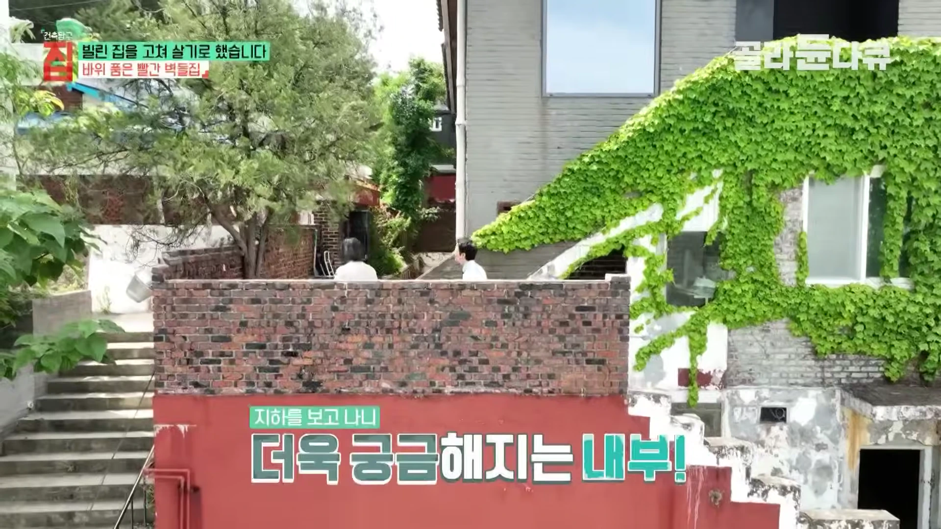 푸른 담쟁이덩굴로 뒤덮인 빨간 벽돌 주택의 외관과 마당에 서 있는 사람들