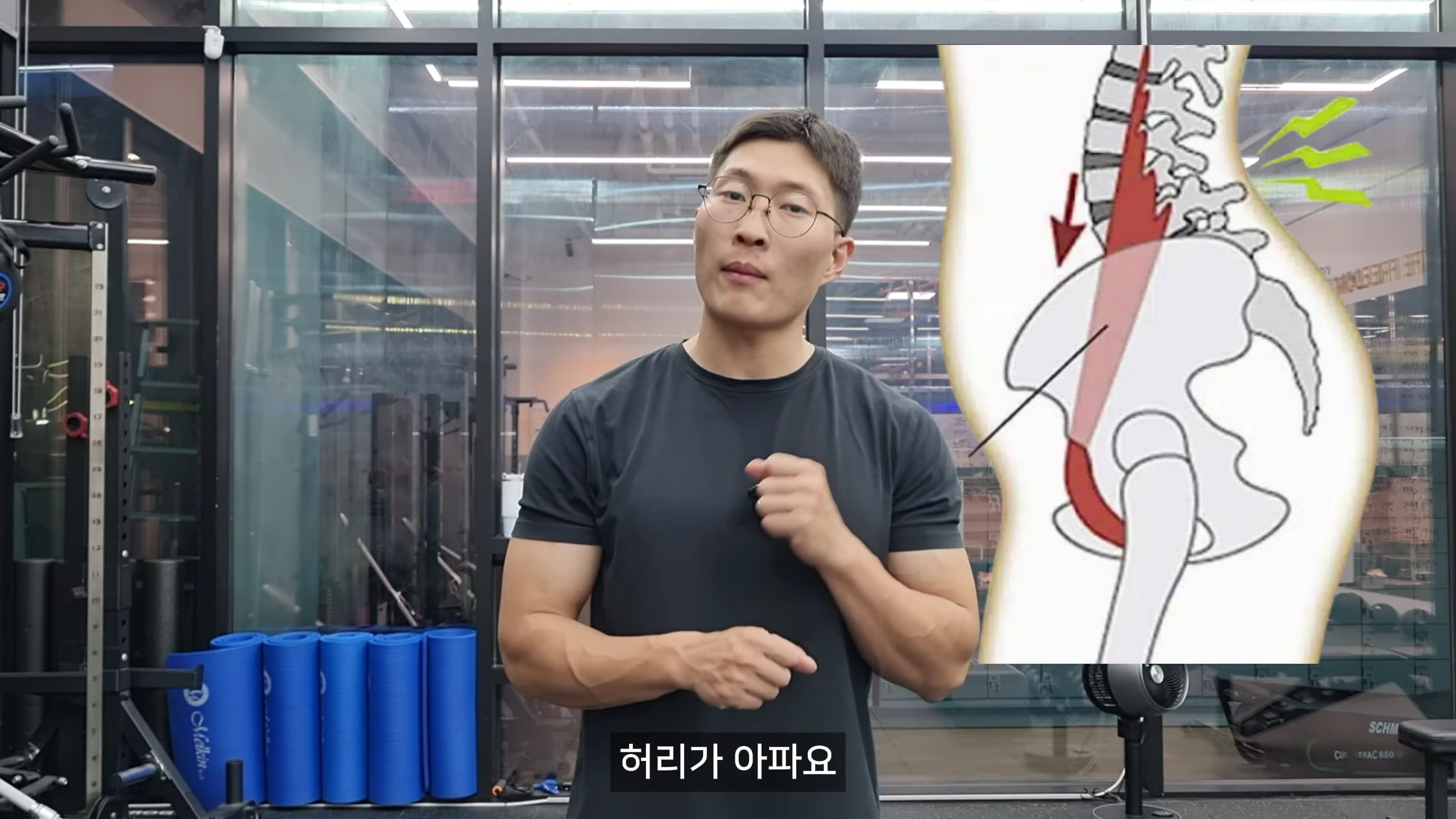 체육관에서 안경 쓴 남성이 장요근 위치가 표시된 해부학 그래프를 옆에 두고 서 있다.