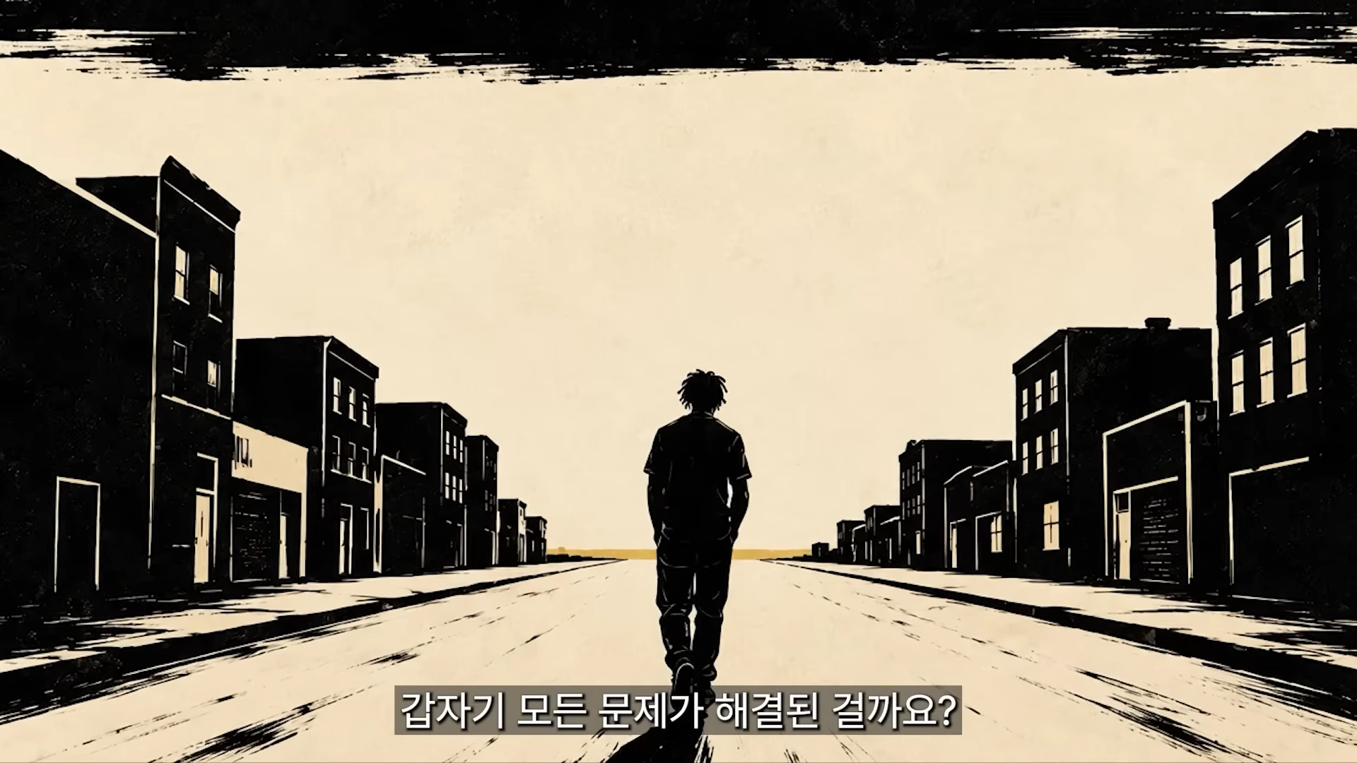 흑백 스타일의 삽화로, 한 남자가 텅 빈 거리를 홀로 묵묵히 걸어가는 뒷모습이 그려져 있습니다. 화면 하단에는 한국어 자막으로 '갑자기 모든 문제가 해결된 걸까요?'라는 문구가 적혀 있습니다.